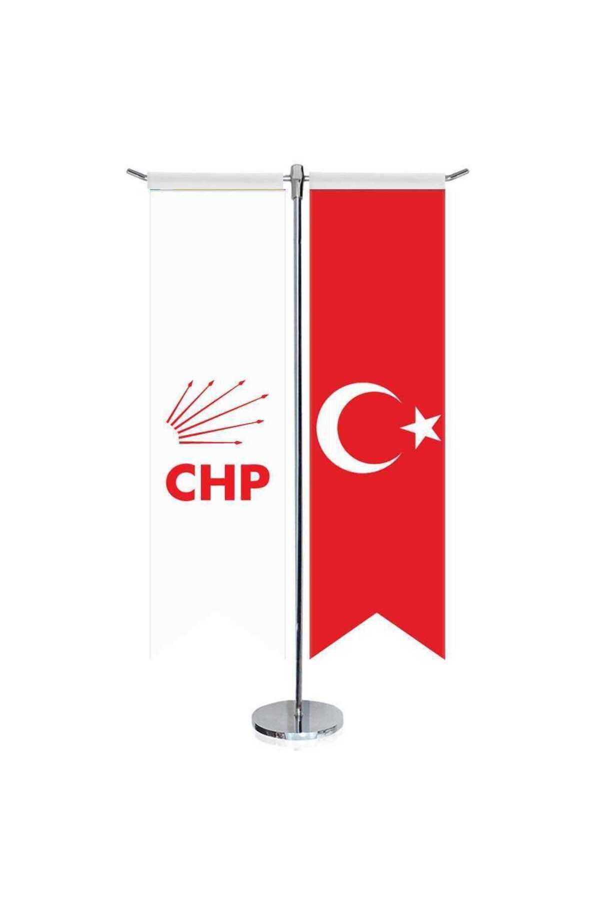 Genel Markalar Beyaz Cumhuriyet Halk Partisi (chp) Bayrağı Ve Türkiye - Kırlangıç -saten T Direk 2li Masa Bayrağı