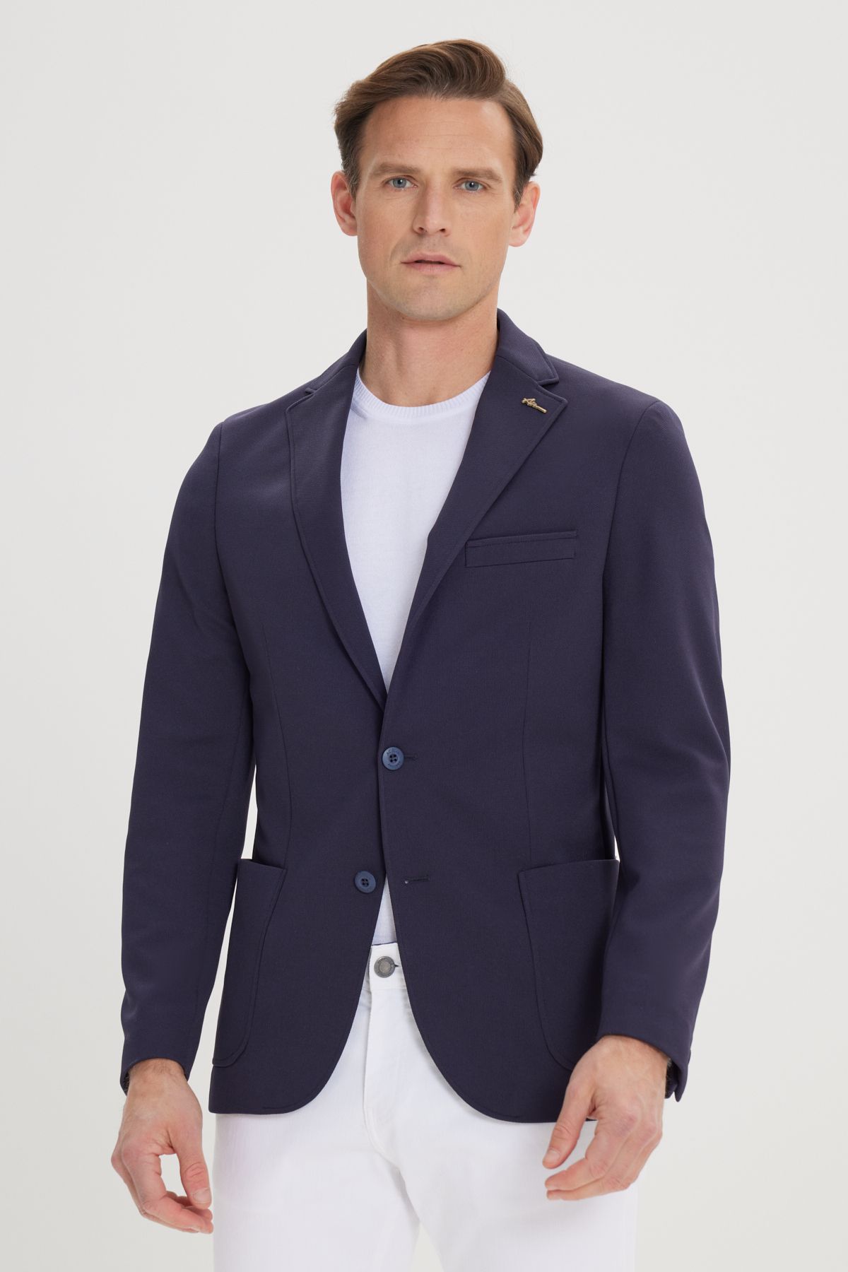 Altınyıldız Classics Erkek Lacivert Slim Fit Dar Kesim Mono Yaka Casual Blazer Ceket