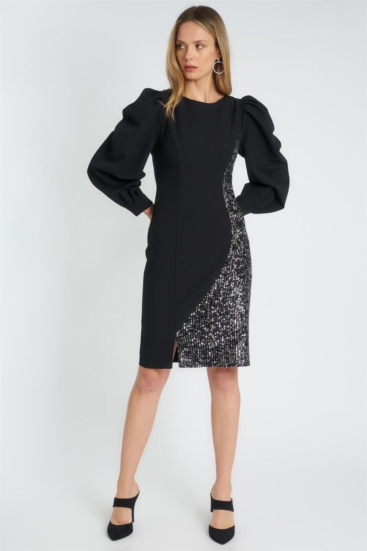 Home Store Elbise Pliseli Omuzlar Önde Payet Işleme Kollar Elips Düğmel - Siyah