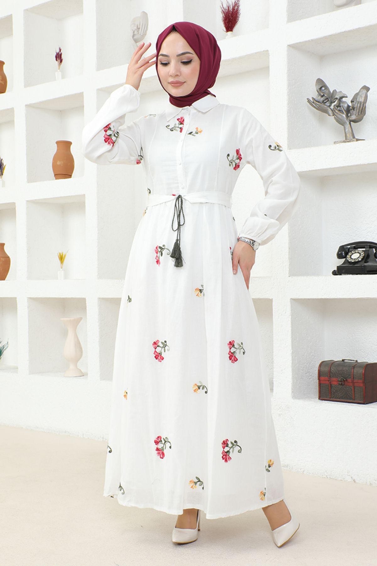 AFSHAR Kuşaklı Elbise FSH18039 Beyaz