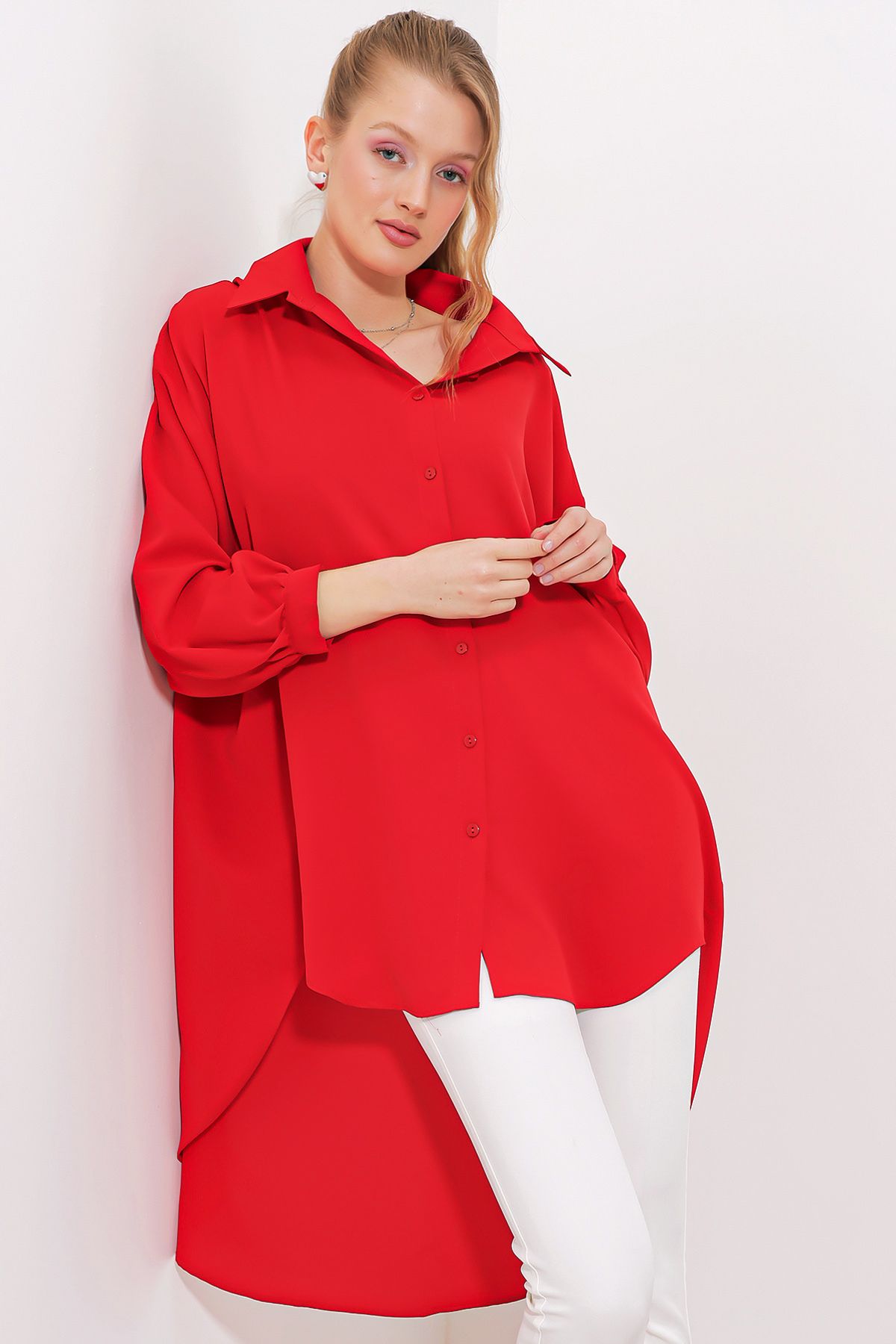 Bigdart Kadın Kırmızı Oversize Gömlek Tunik 5916