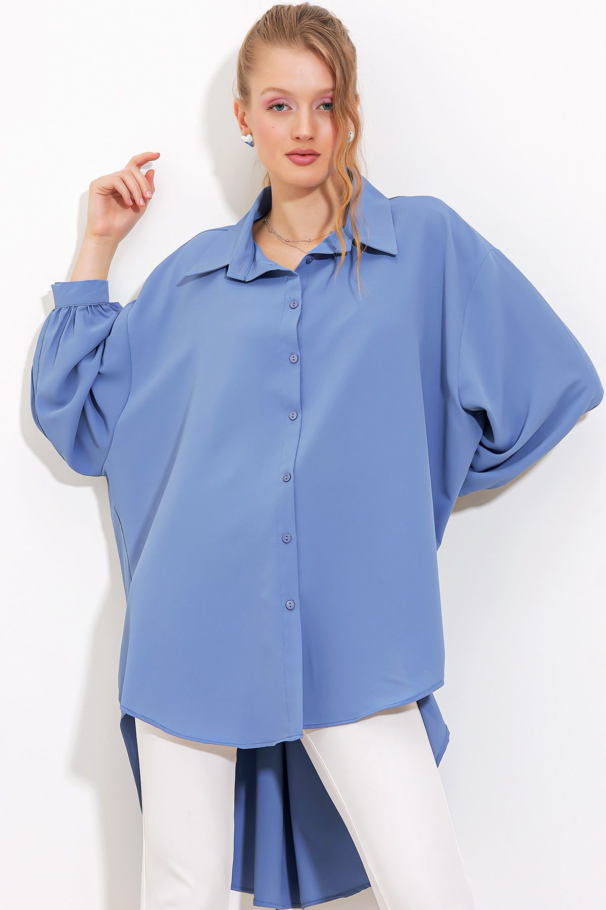Bigdart Kadın İndigo Oversize Gömlek Tunik 5916