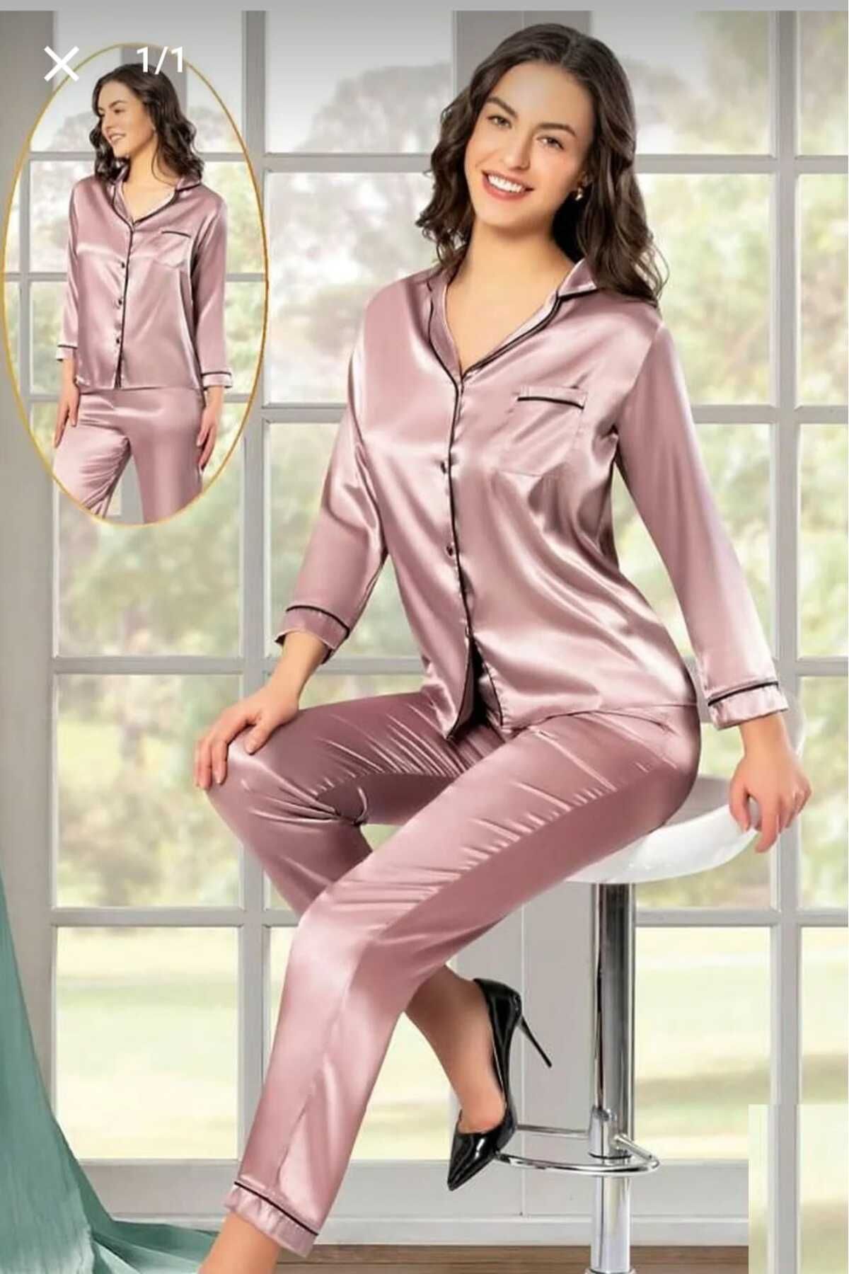Xses 2105 Kadın Uzun Kollu Saten Pijama Takımı