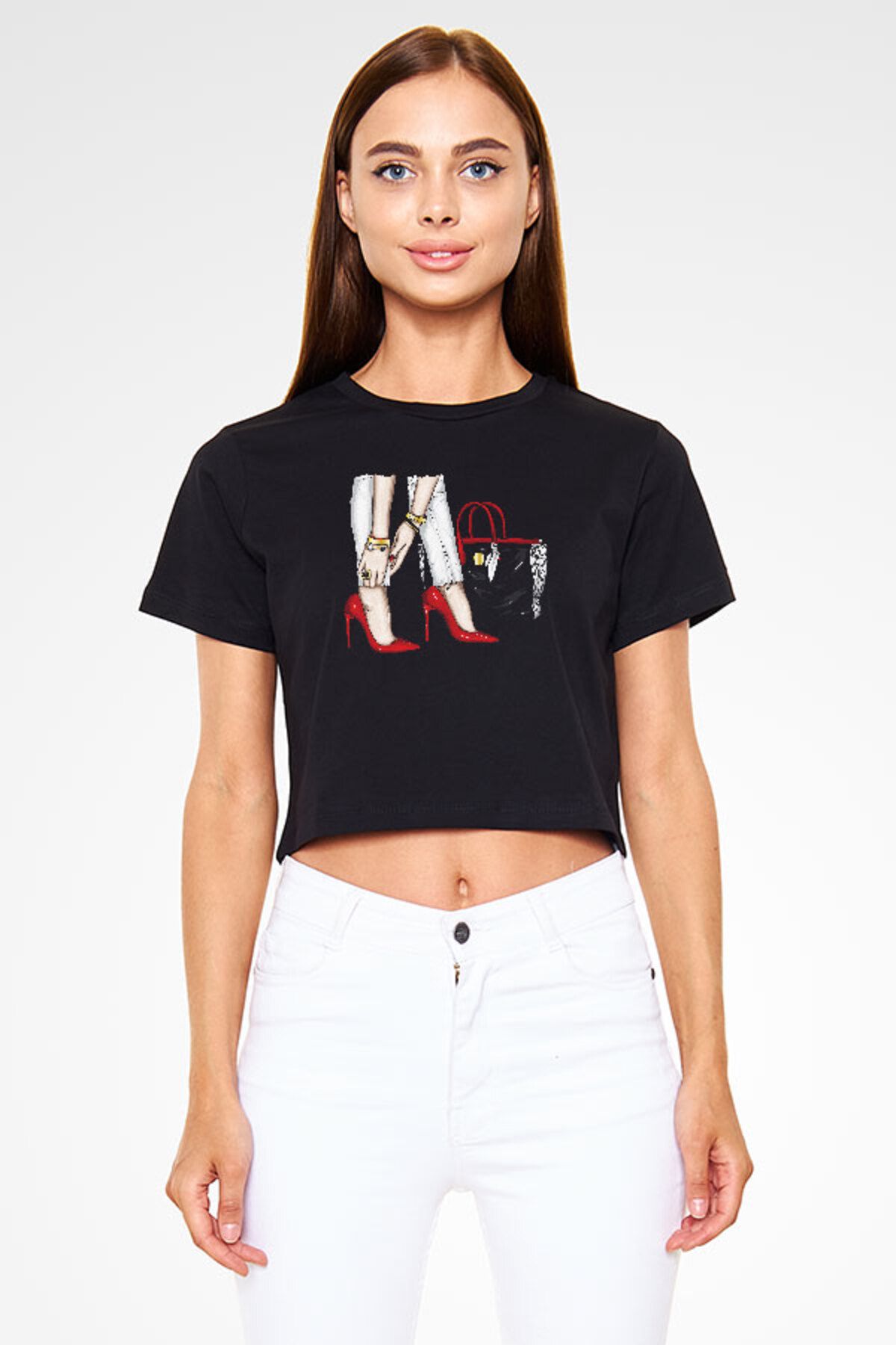 Darkhane Kırmızı Stiletto ve Çanta Fashion Siyah Unisex Crop Top Tişört T-Shirt