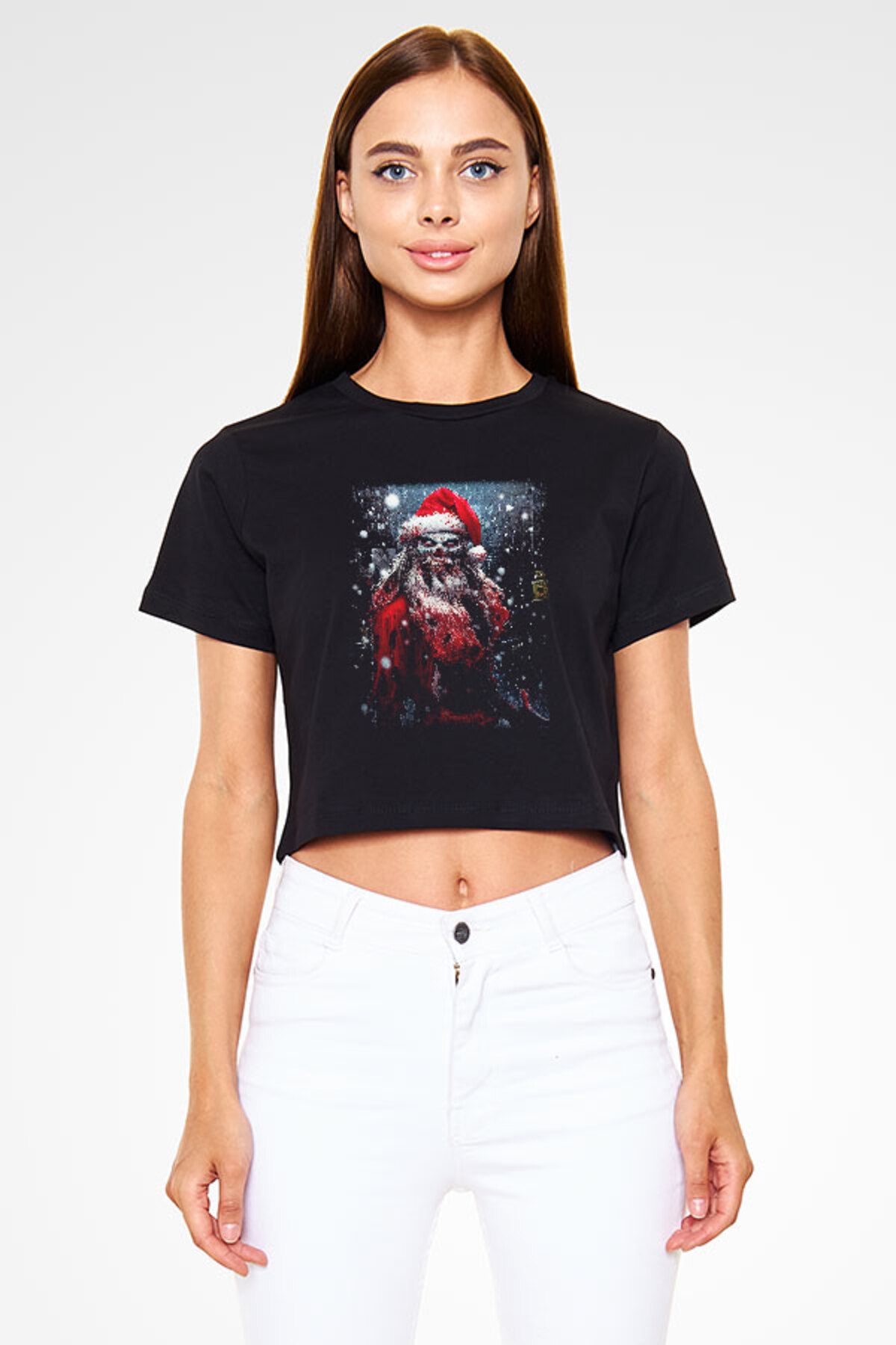Darkhane Yılbaşı İskelet Noel Baba Siyah Unisex Crop Top Tişört T-Shirt