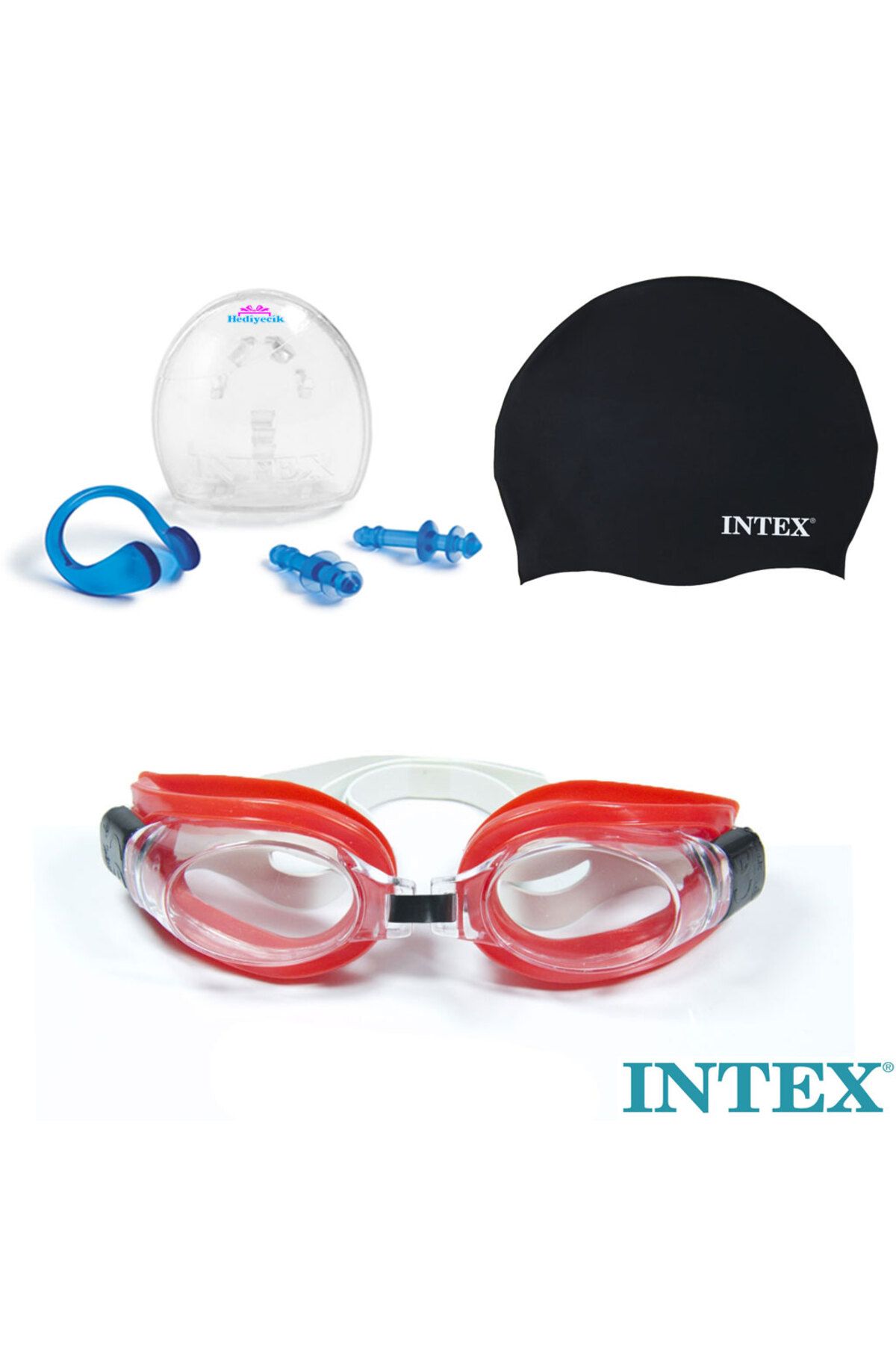 hediyecik İntex Yüzücü Gözlüğü ve Silikon Bone Kulak Tıkacı Burun Klipsi Seti Havuz Seti,Deniz Seti