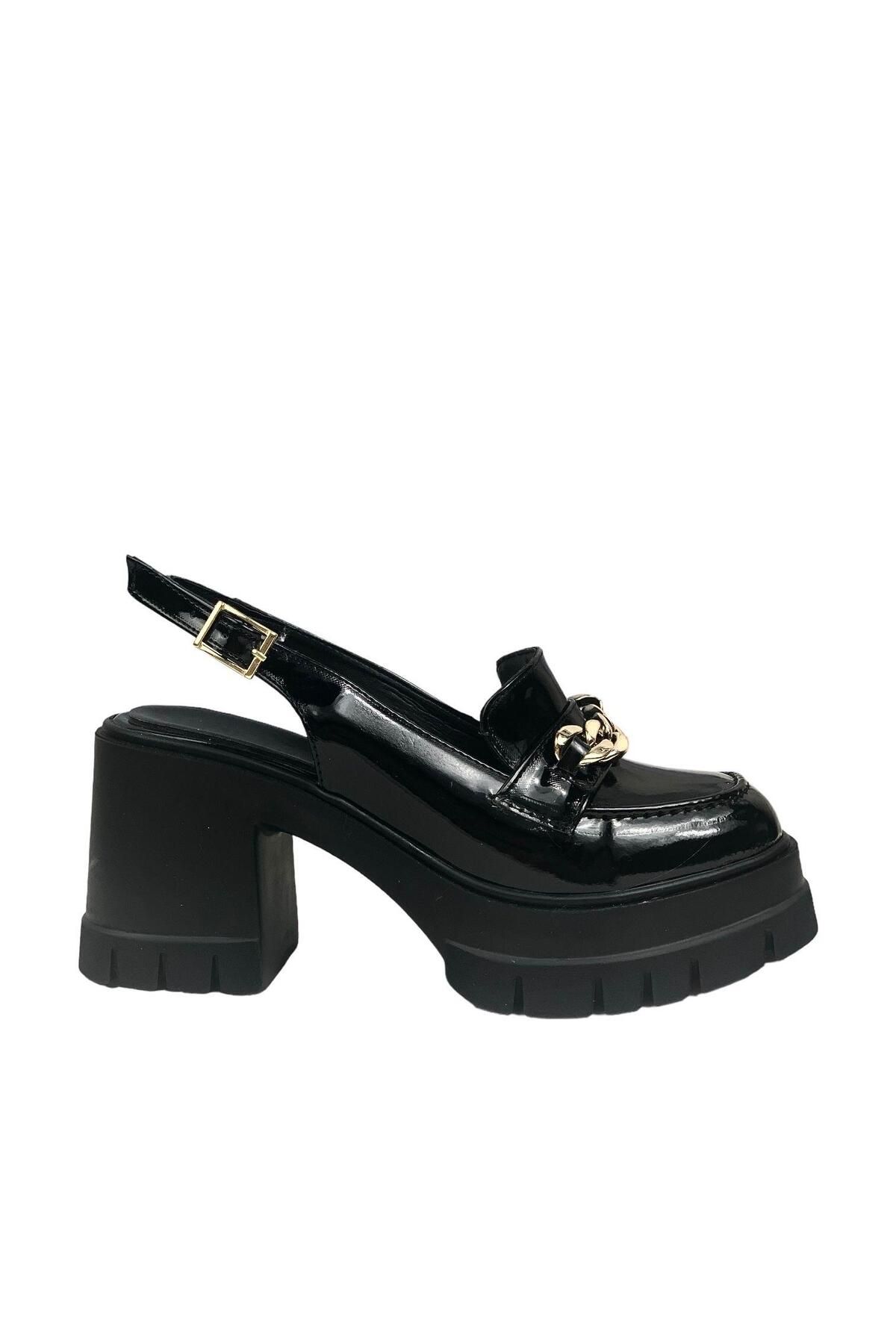 bescobel Kadın Hutyam Siyah Rugan Arkası Açık Leofer Ayakkabı Zincir Tokalı 10 cm 650