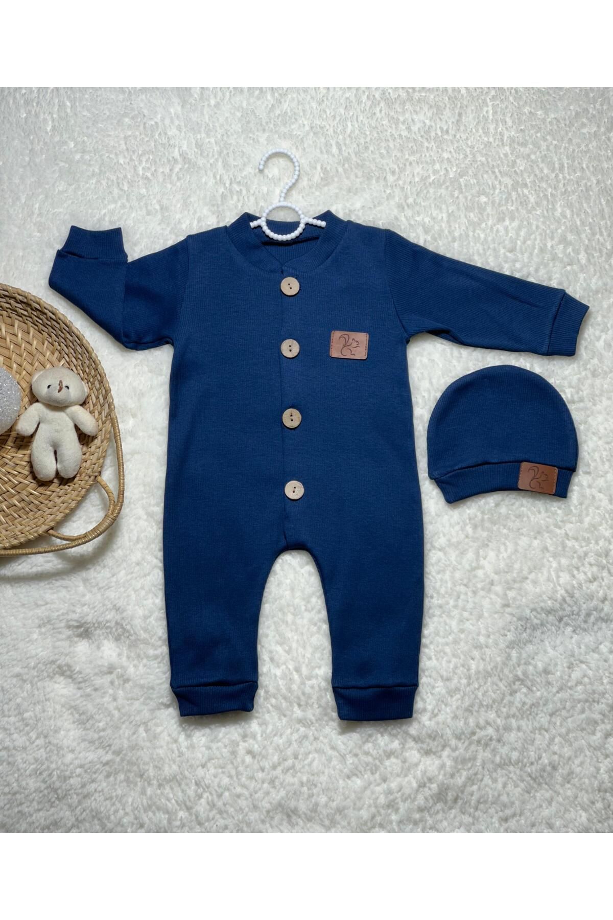 SuAy Baby Kaşkorse Kumaş Düğmeli Şapkalı Şık Kız-erkek Bebek Tulum