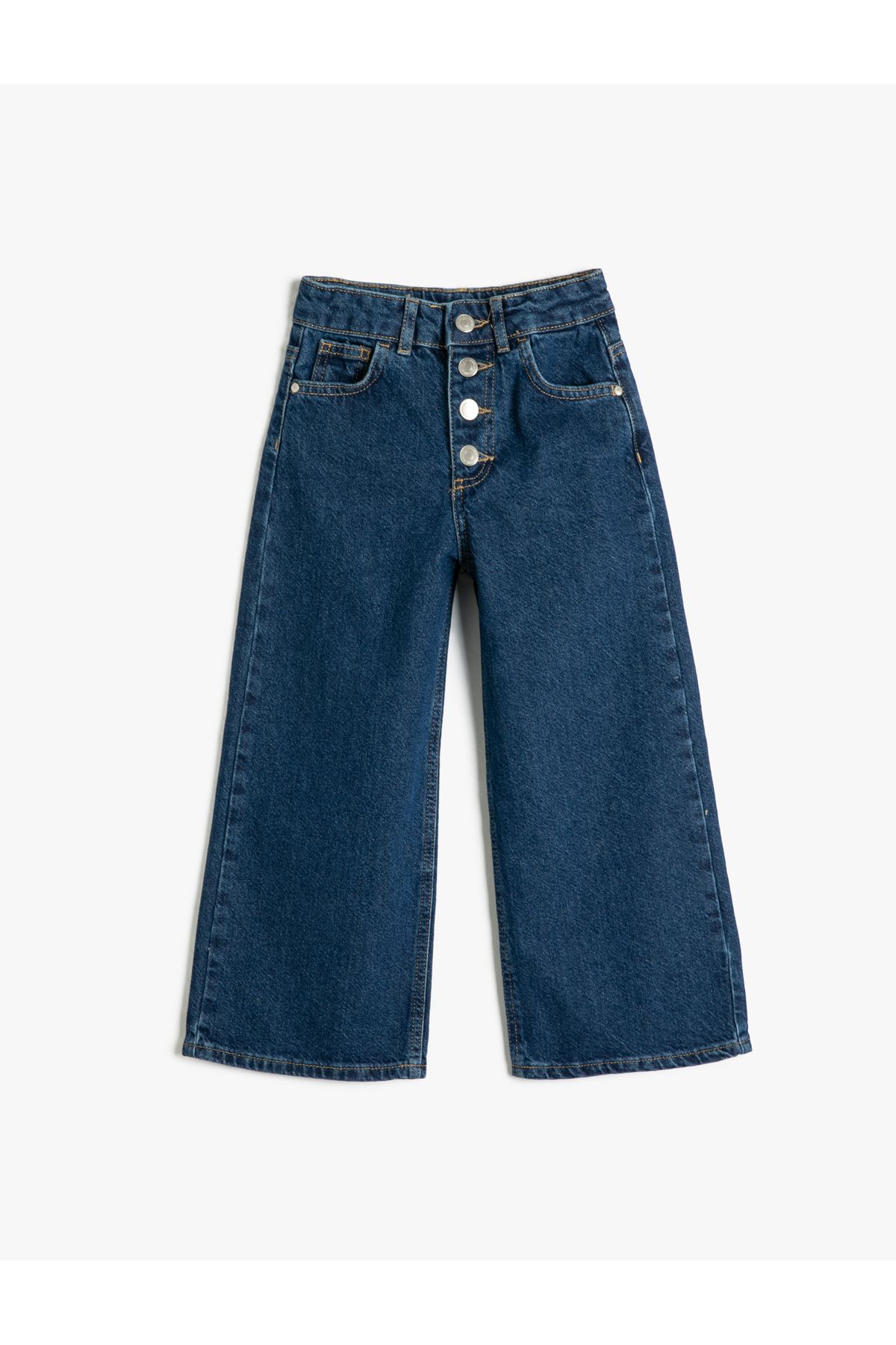 Koton Bol Paça Düğme Kapamalı Kot Pantolon - Wide Leg Jean Beli Ayarlanabilir Lastikli