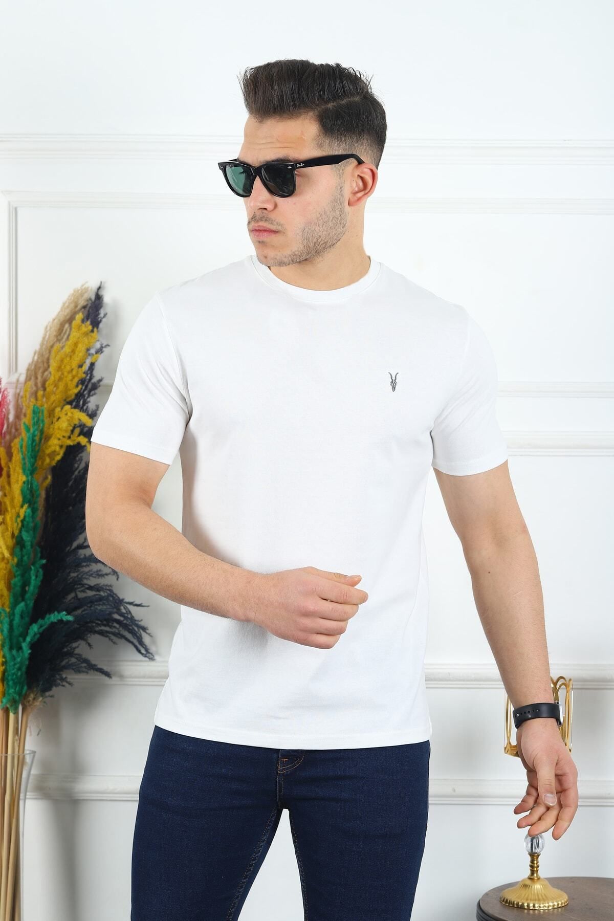 Kozik Erkek Beyaz T-shirt Standart Basic Bisiklet Yaka Düz %100 Pamuk Erkek Tişört
