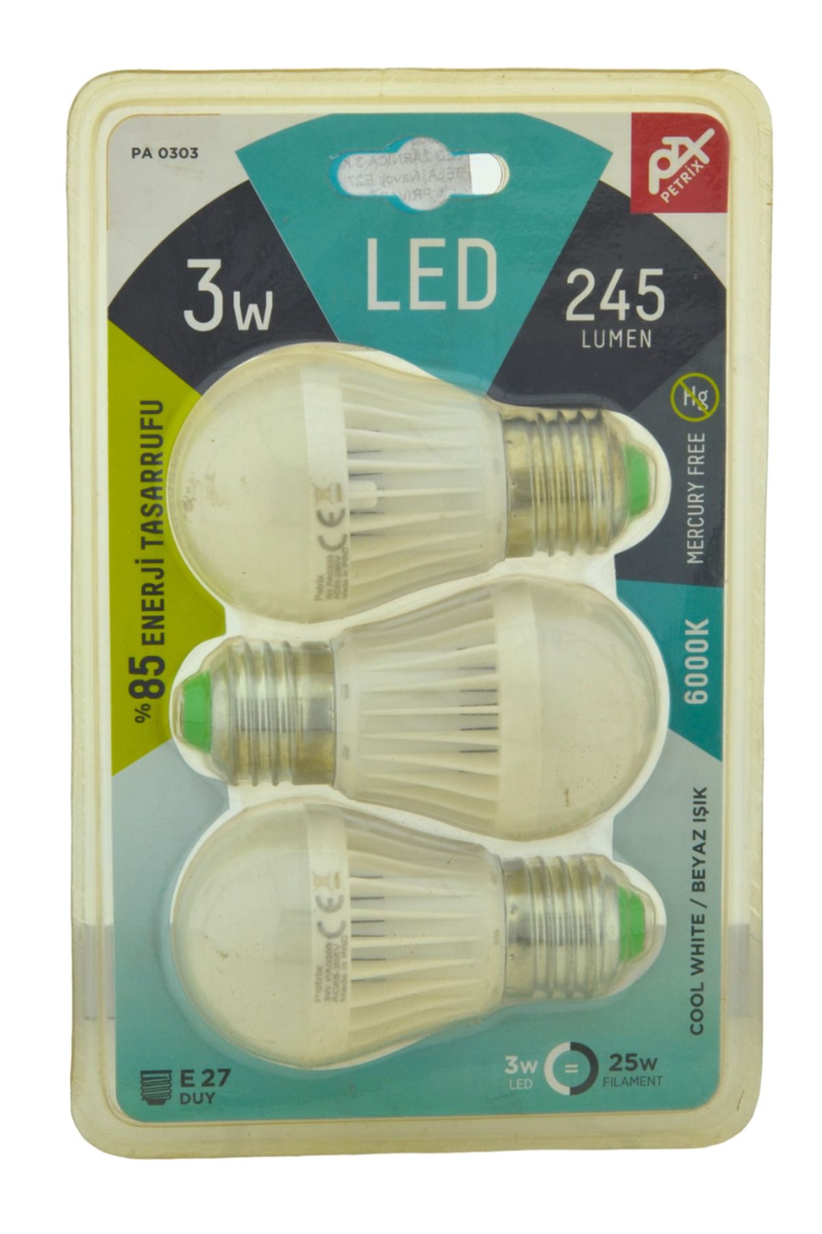 Petrix 3 Adet 3W 245 Lumen %85 Enerji Tasarruflu E27 Duy Beyaz Işık Ampul