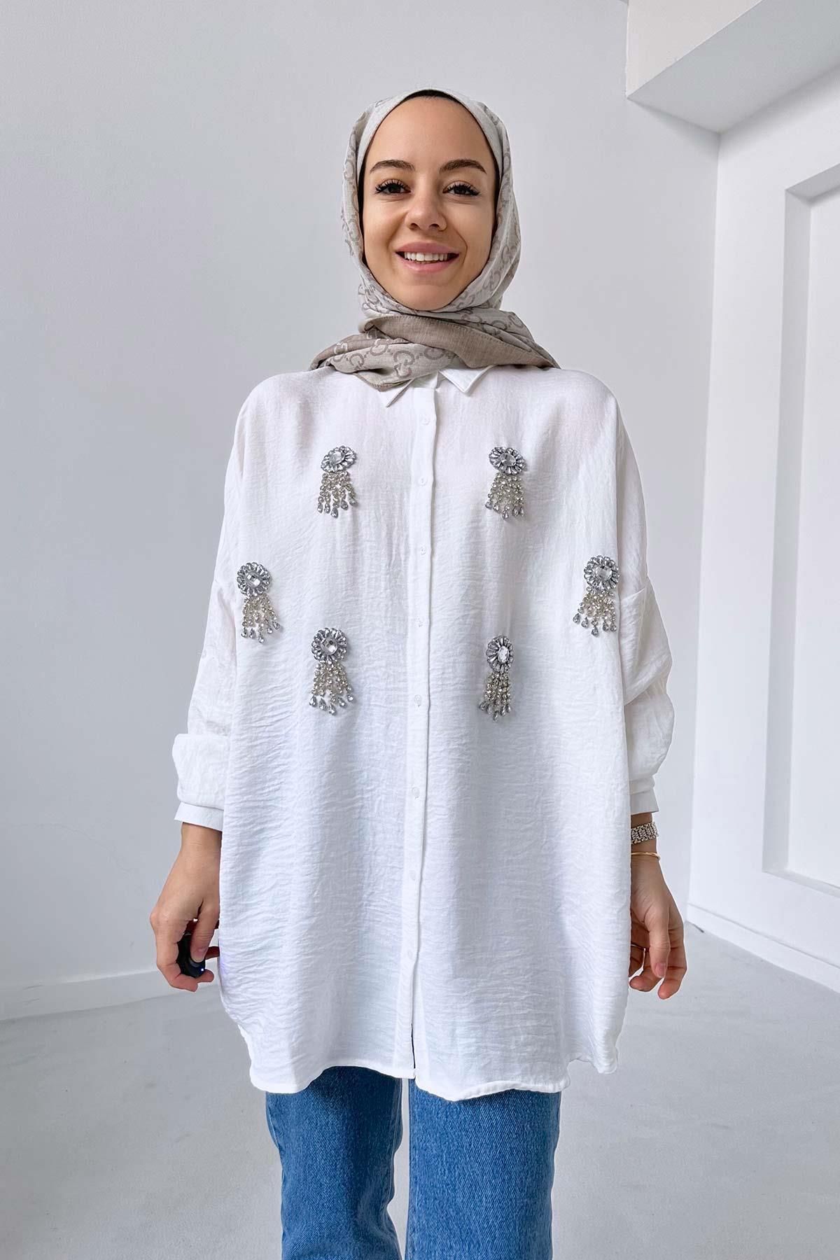 Ka Hijab Capella Oversize Taşlı Gömlek - Beyaz