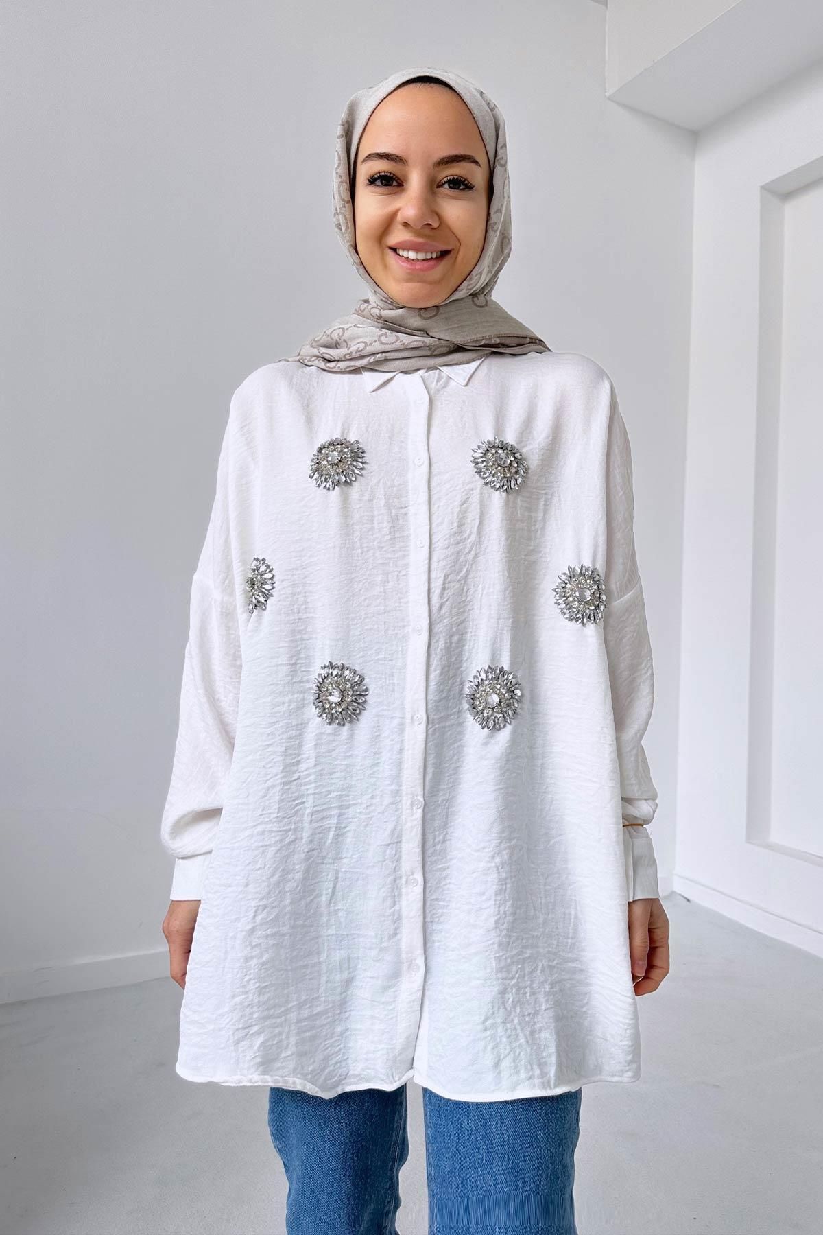 Ka Hijab Vega Oversize Taşlı Gömlek - Beyaz