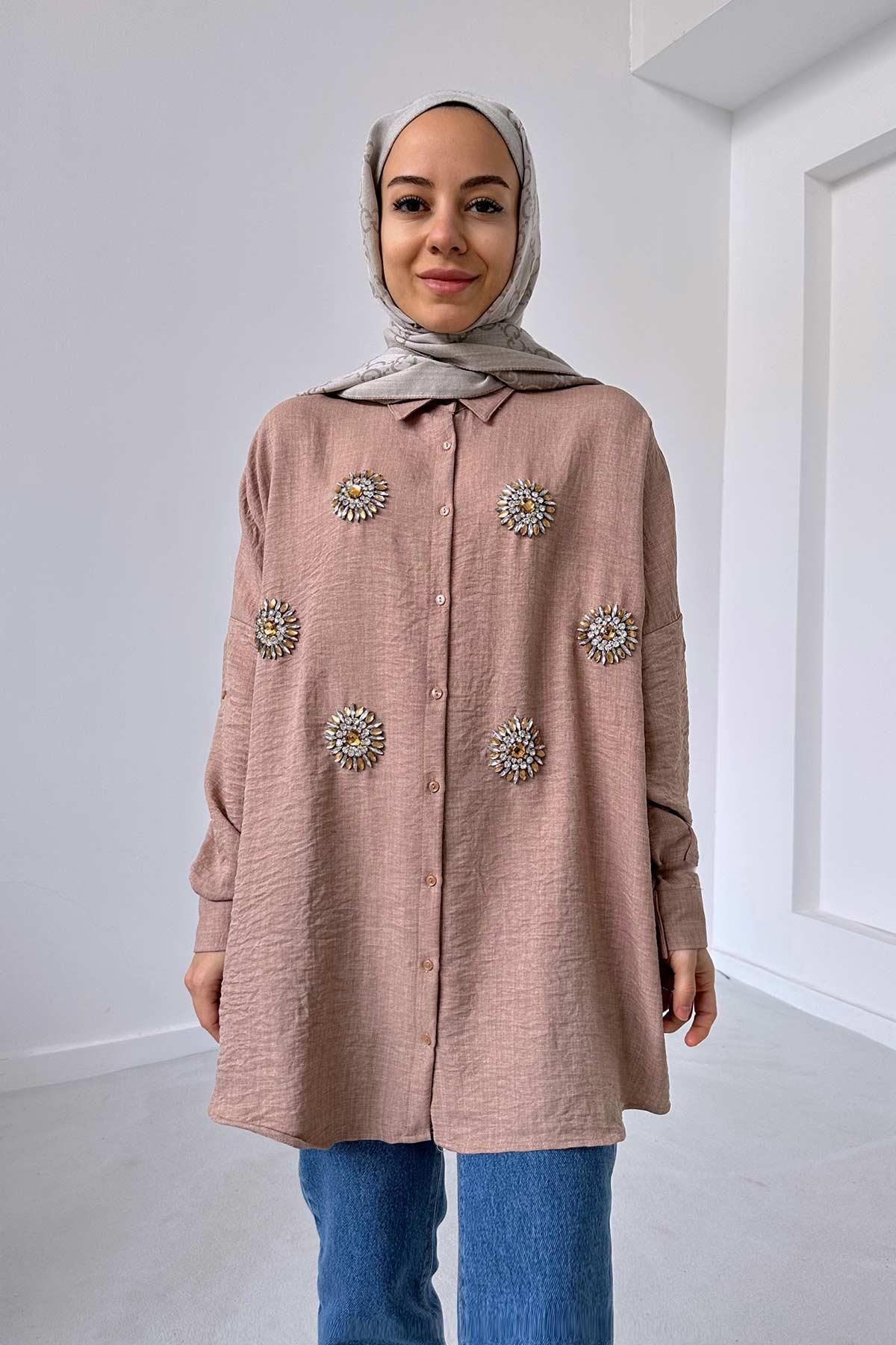 Ka Hijab Vega Oversize Taşlı Gömlek - Camel
