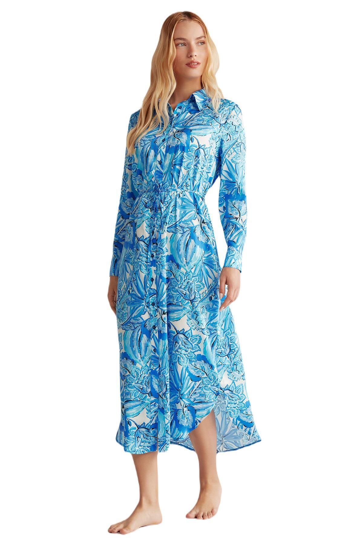 Catherines Kadın Mavi Çiçek Desenli Elbise