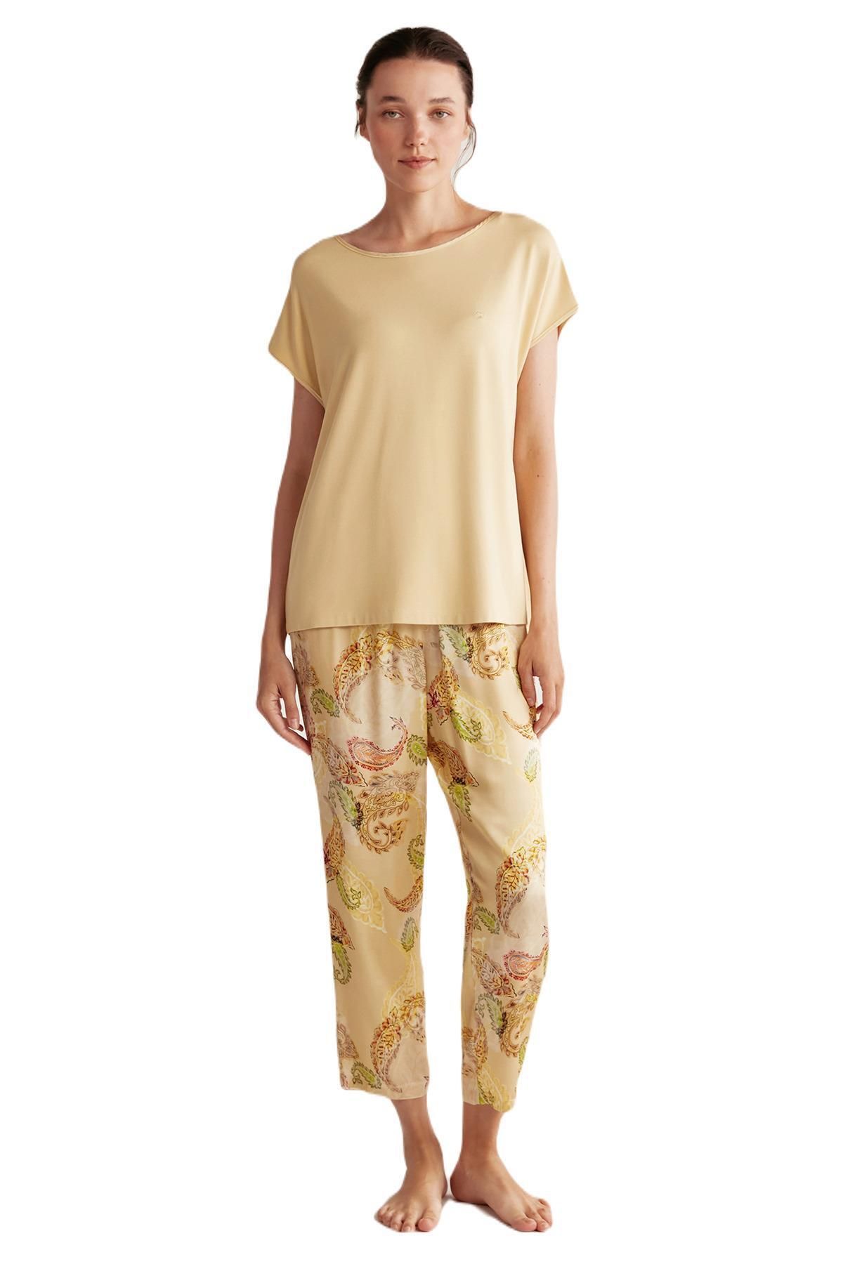 Catherines Kadın Sarı Yumuşak Dokulu Pijama Takım