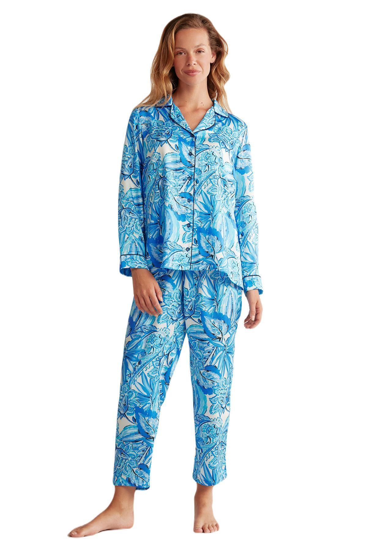 Catherines Kadın Mavi Çiçek Desenli Pijama Takım