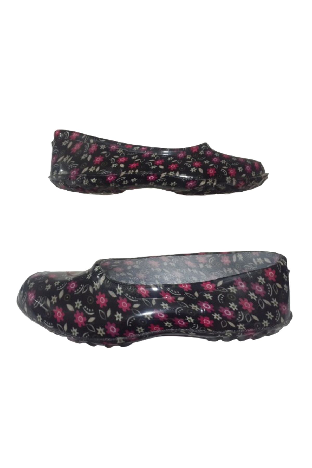Emek Lastik Kadın Siyah-Pembe Çiçek Desenli Kaymaz Taban Iş Ayakkabısı Kkk8545
