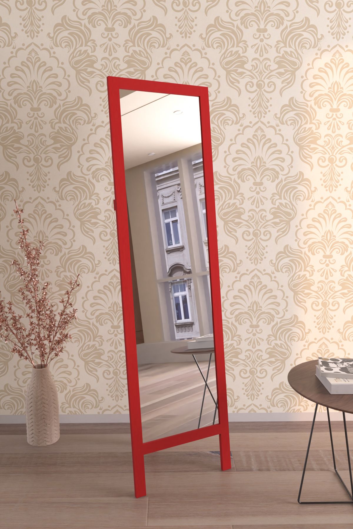 Hediyeler Kapında Kırmızı Ahşap Ayaklı Boy Aynası 145x40cm
