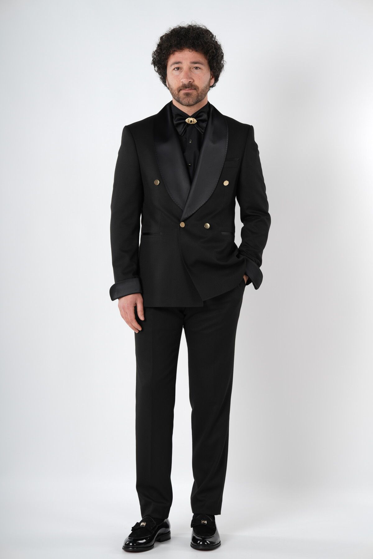 PAREZ Erkek Premium Smokin Damatlık Gold Düğme Şal Yaka Italyan Stil Ceket Pantolon papyon-siyah