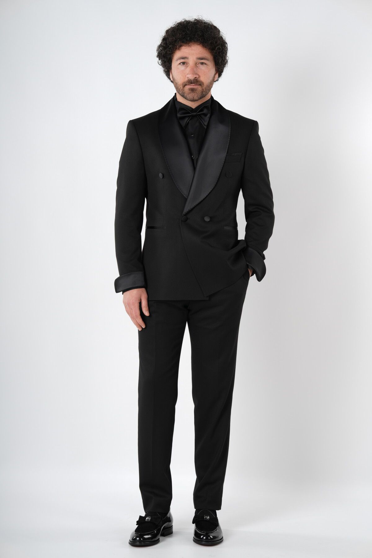 PAREZ Erkek Luxury Kruvaze Smokin Damatlık Manşetli Şal Yaka Italyan Stil Ceket Pantolon papyon-siyah