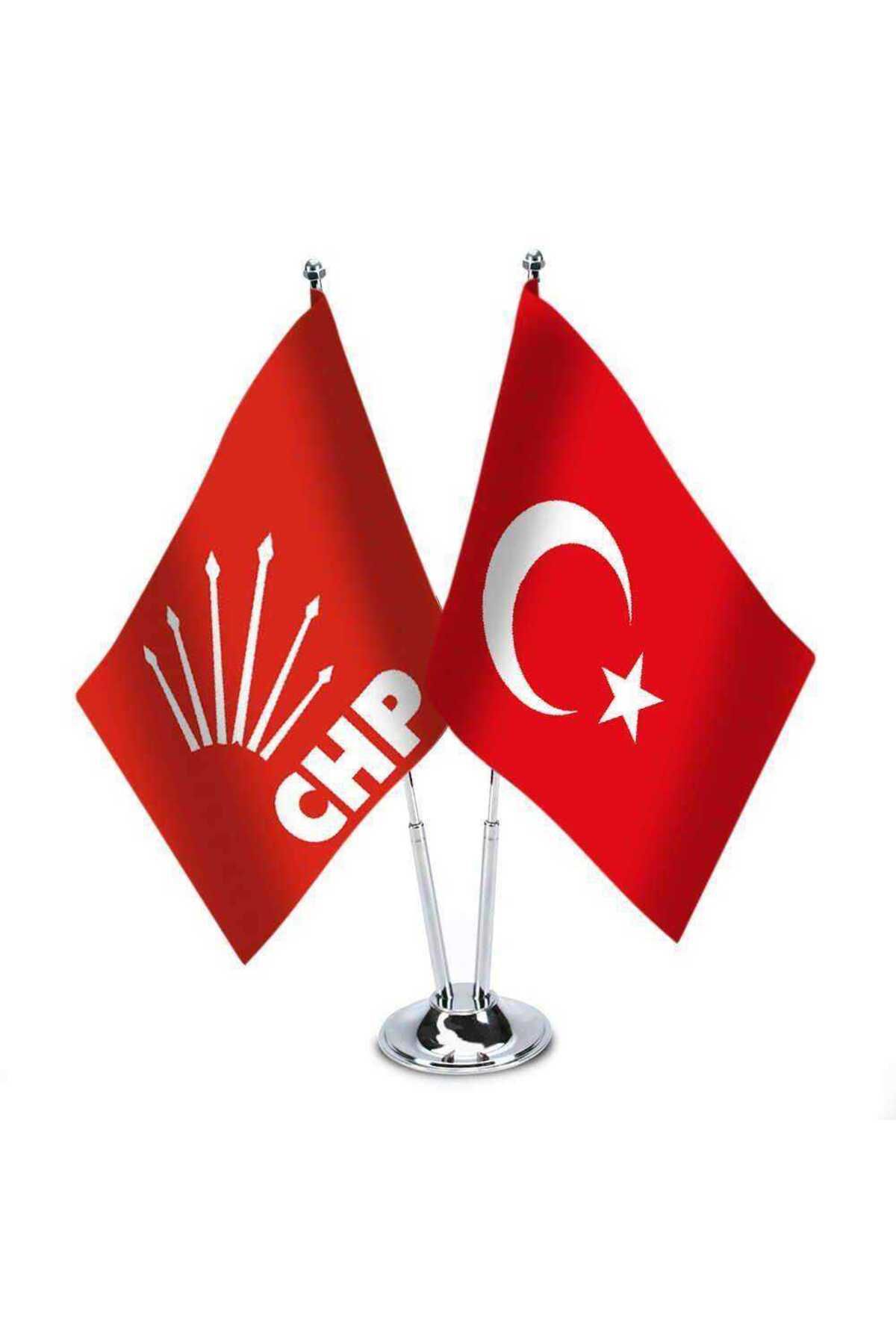 Genel Markalar Kırmızı Chp Ve Türkiye - Ikili Saten Masa Bayrağı Set