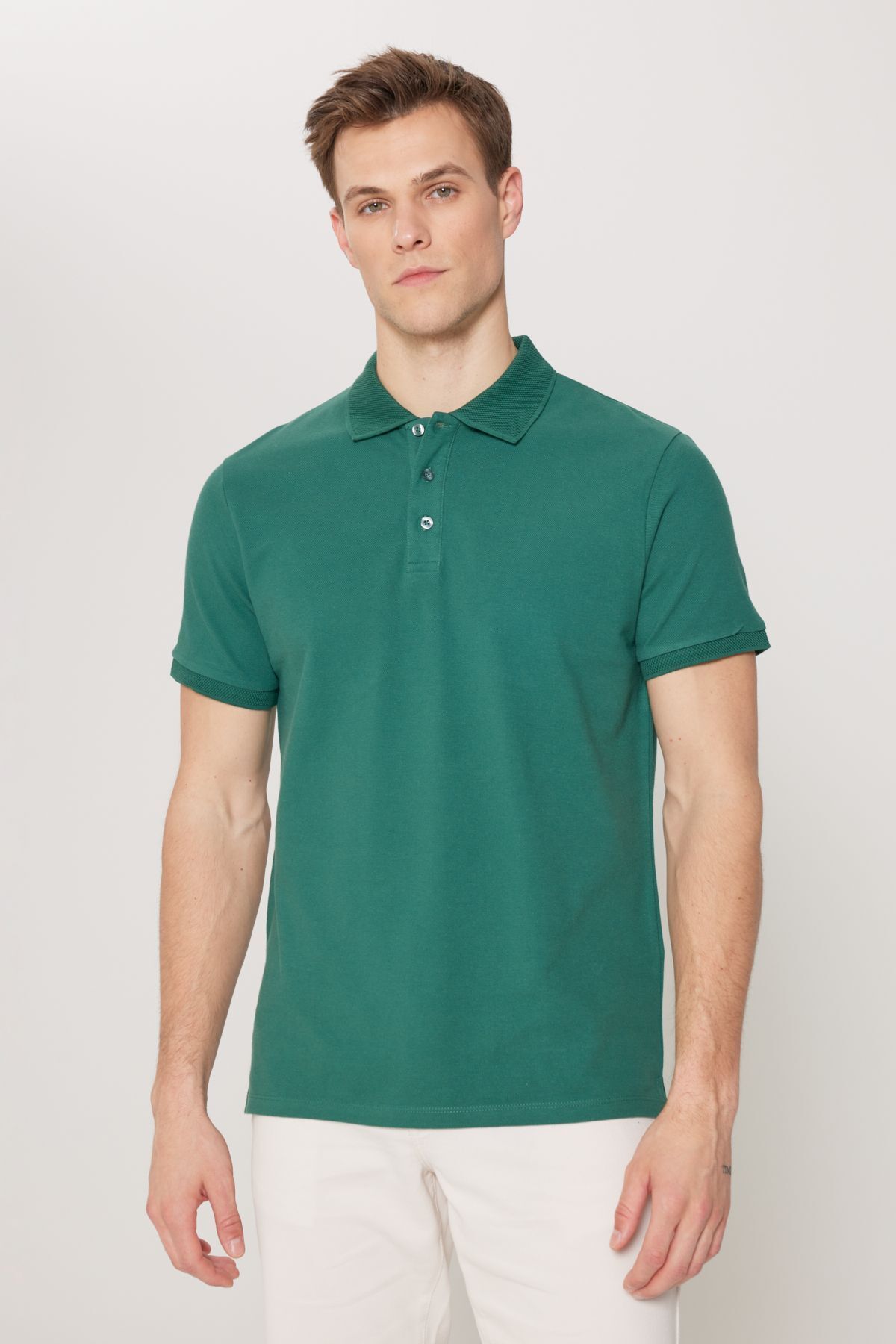 Altınyıldız Classics Erkek Koyu Yeşil %100 Pamuk Kıvrılmaz Pike Polo Yaka Slim Fit Dar Kesim Tişört