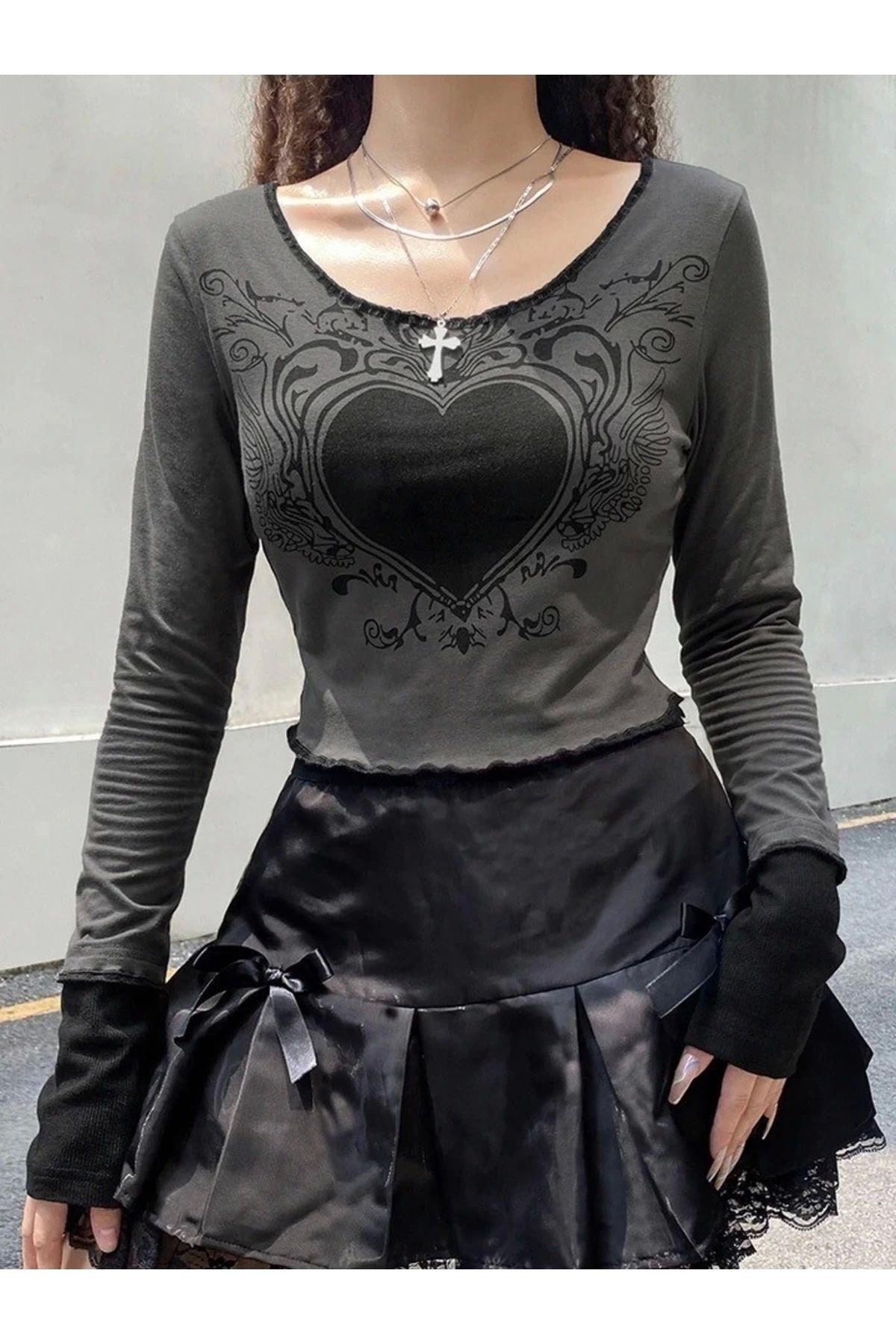 DarkellaStore Gothic Gotik Grunge Heart Uzun Kollu Crop Bluz