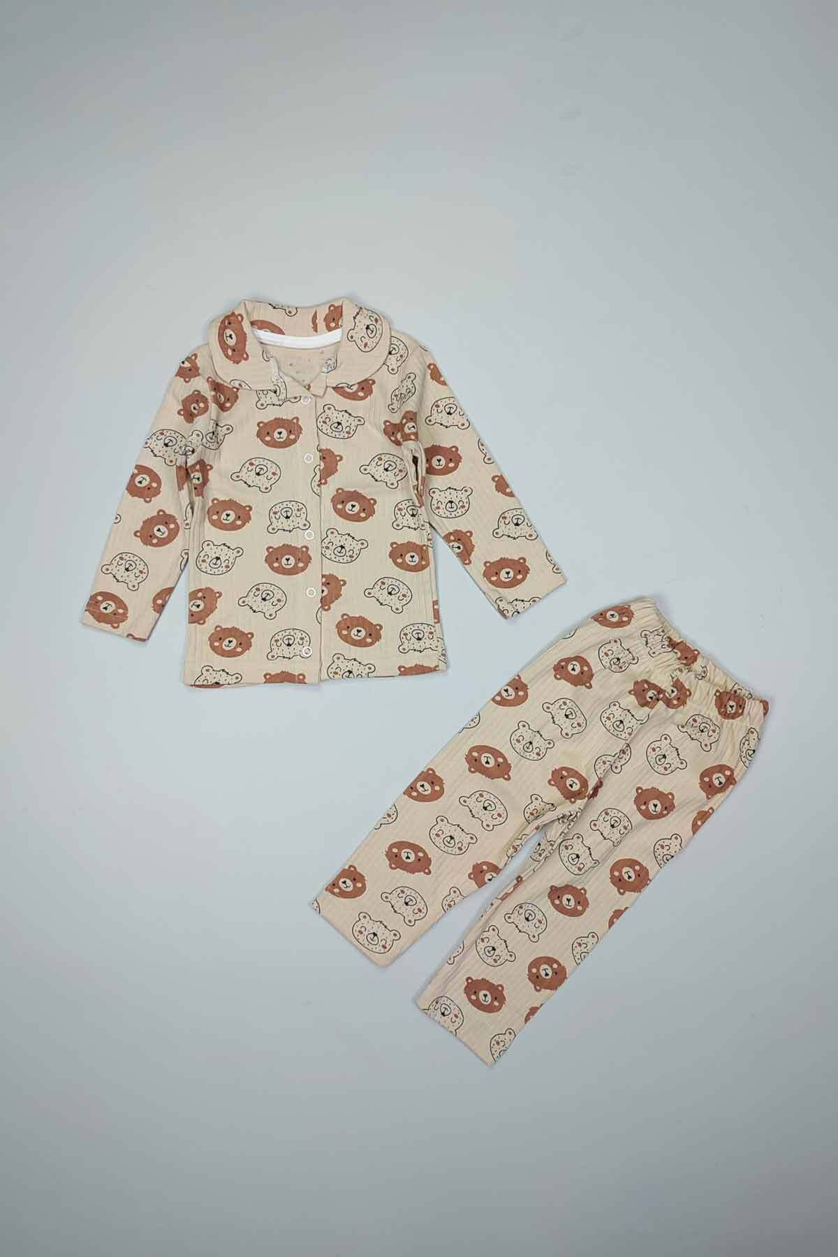 Peki Çocuk Bebek Yumusak Terletmez Nefes Alan Pamuklu Ayicik Desen Önden Çitçitli Pijama Takimi 14810