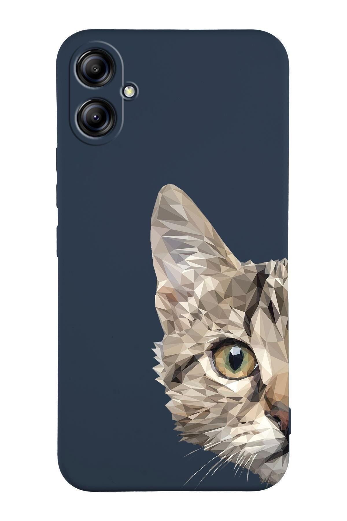 PrintiFy Samsung Galaxy A04 Uyumlu Lansman Kılıf Catface Tasarımlı Içi Kadife Kapak-lacivert