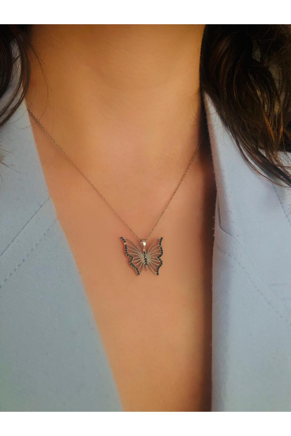 MAGRİB 925 ayar gümüş siyah taşlı telkari kelebekli kadın gümüş kolye
