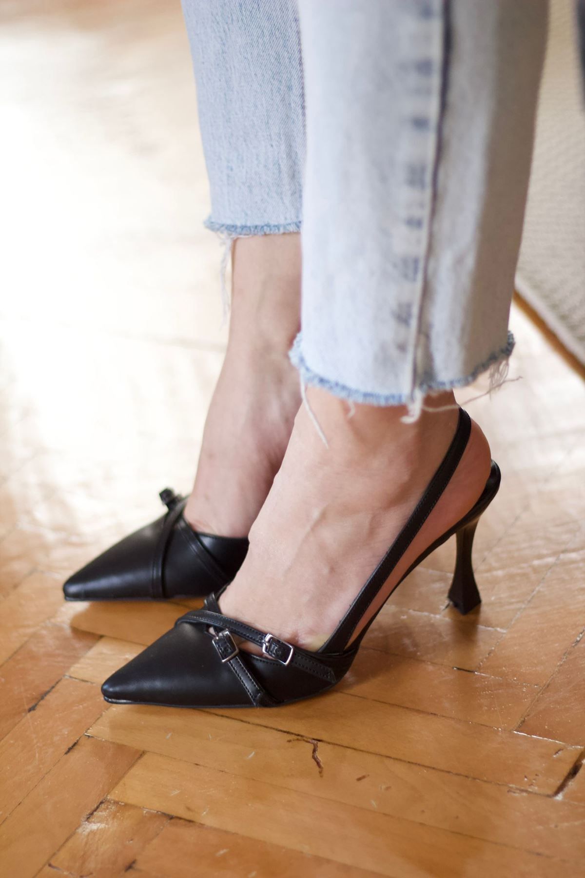 Mida Shoes Siyah Deri Çift Tokalı Kadın Topuklu Ayakkabı