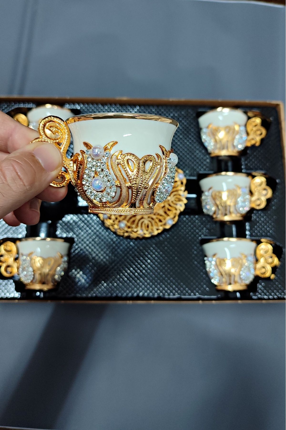 bigiyin El Yapımı Swarovski Kristal Taşlı Kahve Bardağı Seti Kahve Fincanı 6 Kişilik 12 Parça
