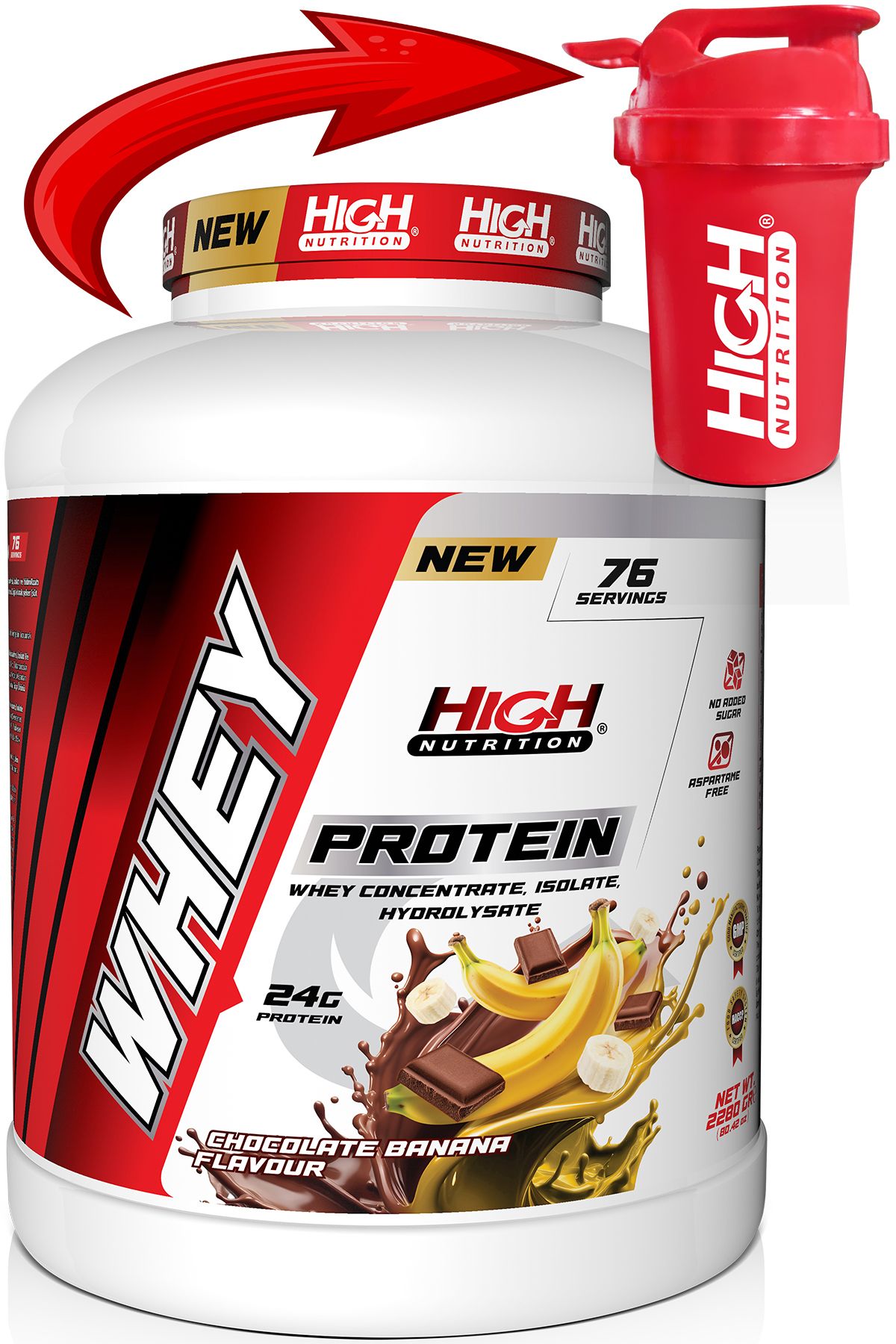 High Nutrition Protein Tozu 2280 Gr Çikolata Muz Aromalı Whey Protein 24 Gram Protein 76 Servis Shaker