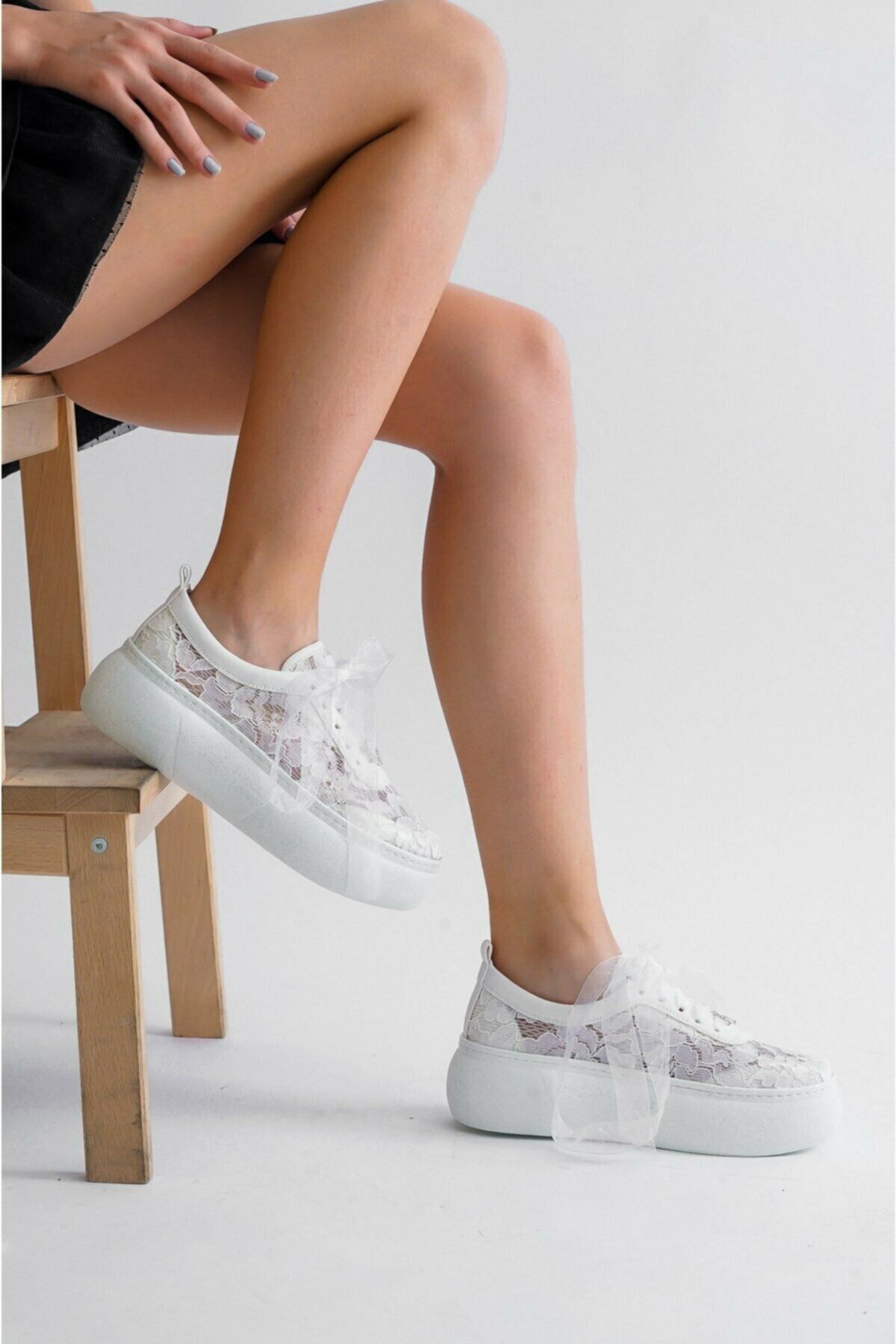 Ayakkabı Tutkusu Stilo ® Kadın Spor Gelin Ayakkabısı Dantel Tül Kurdele  Aşırı Rahat Abiye Spor Gelin ayakkabısı