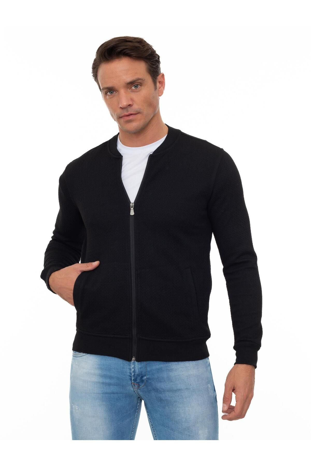 SIR RAYMOND TAILOR GOLF CLUB 1877 Sı8088486 - Erkek Siyah 2 Cepli Desenli Regular Fit Tam Fermuarlı Sweatshirt
