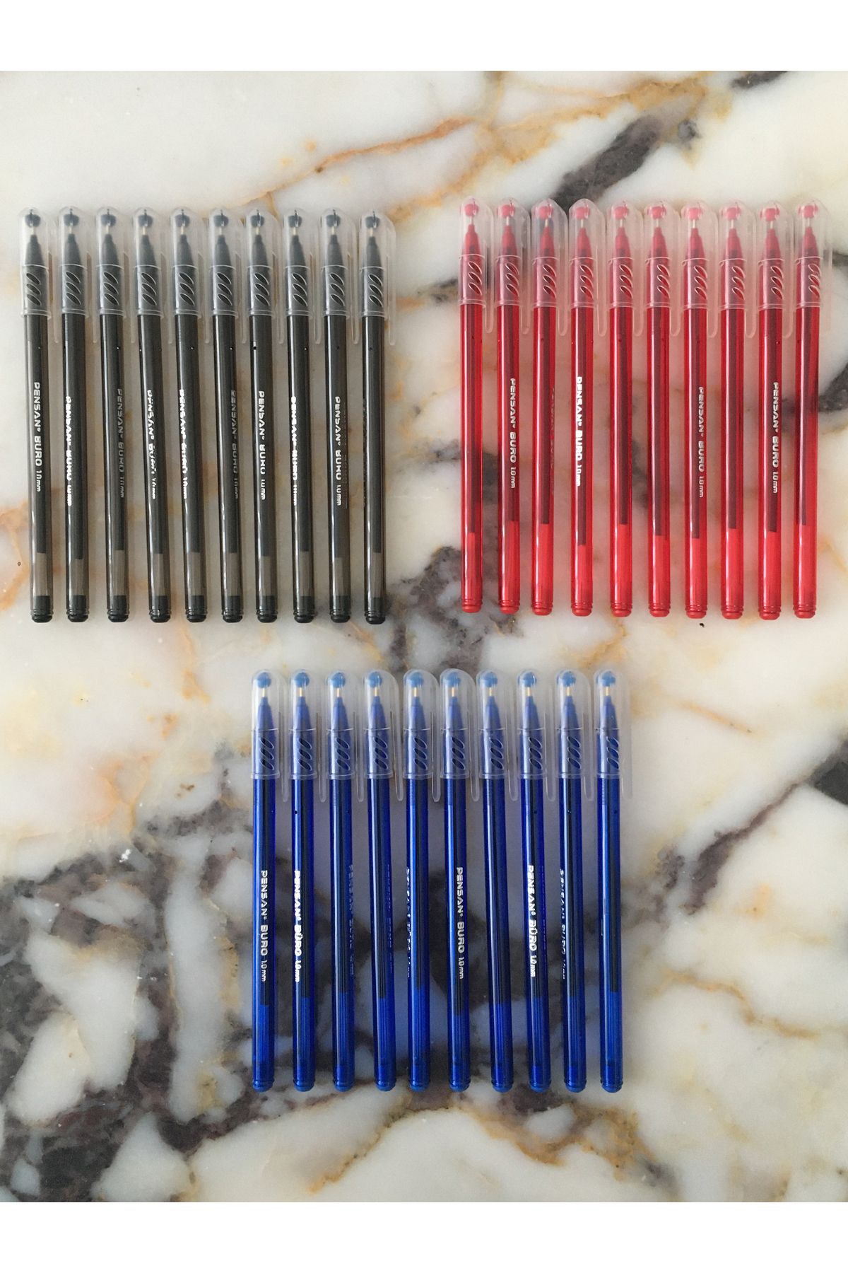Pensan Büro Tükenmez Kalem 1.0mm 10 Mavi - 10 Siyah - 10 Kırmızı (30 Adet)
