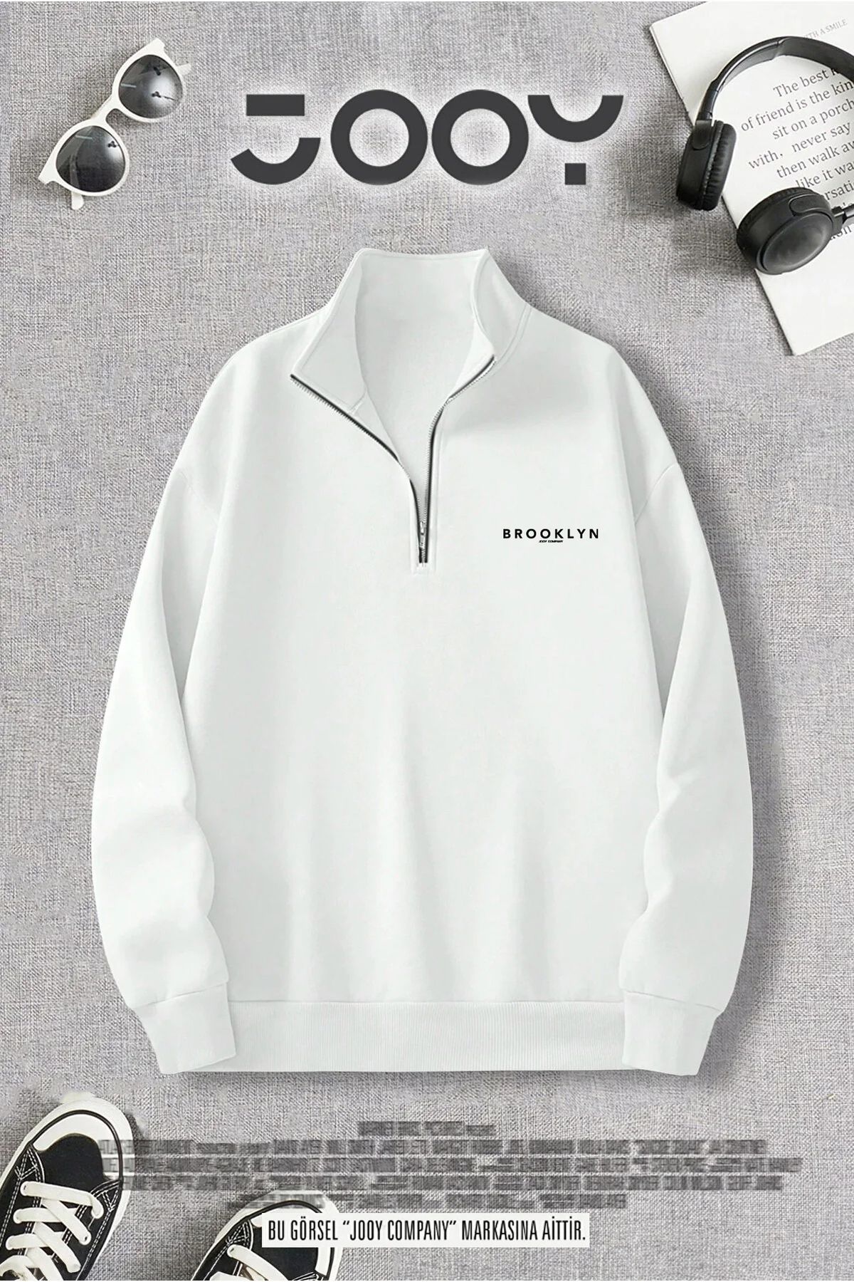 Jooy Company Yarım Fermuarlı Brooklyn Baskılı Beyaz Sweatshirt