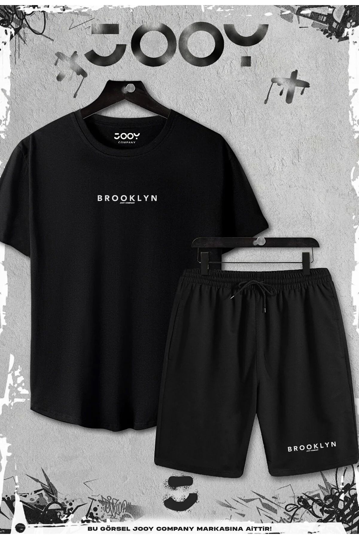 Jooy Company 2'li Brooklyn Baskılı Slim Fit Siyah Tshirt - Siyah Şortlu Takım