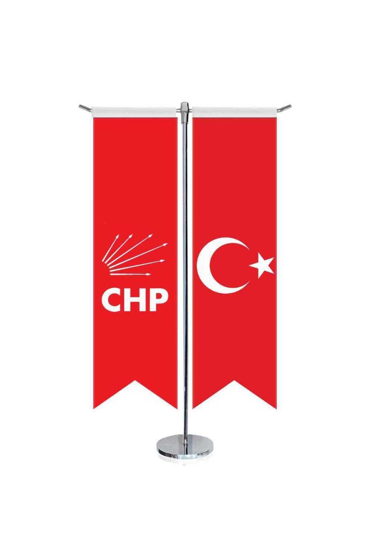 Genel Markalar Kırmızı Cumhuriyet Halk Partisi (chp) Bayrağı Ve Türkiye -kırlangıç - Saten T Direk 2li Masa Bayrağı