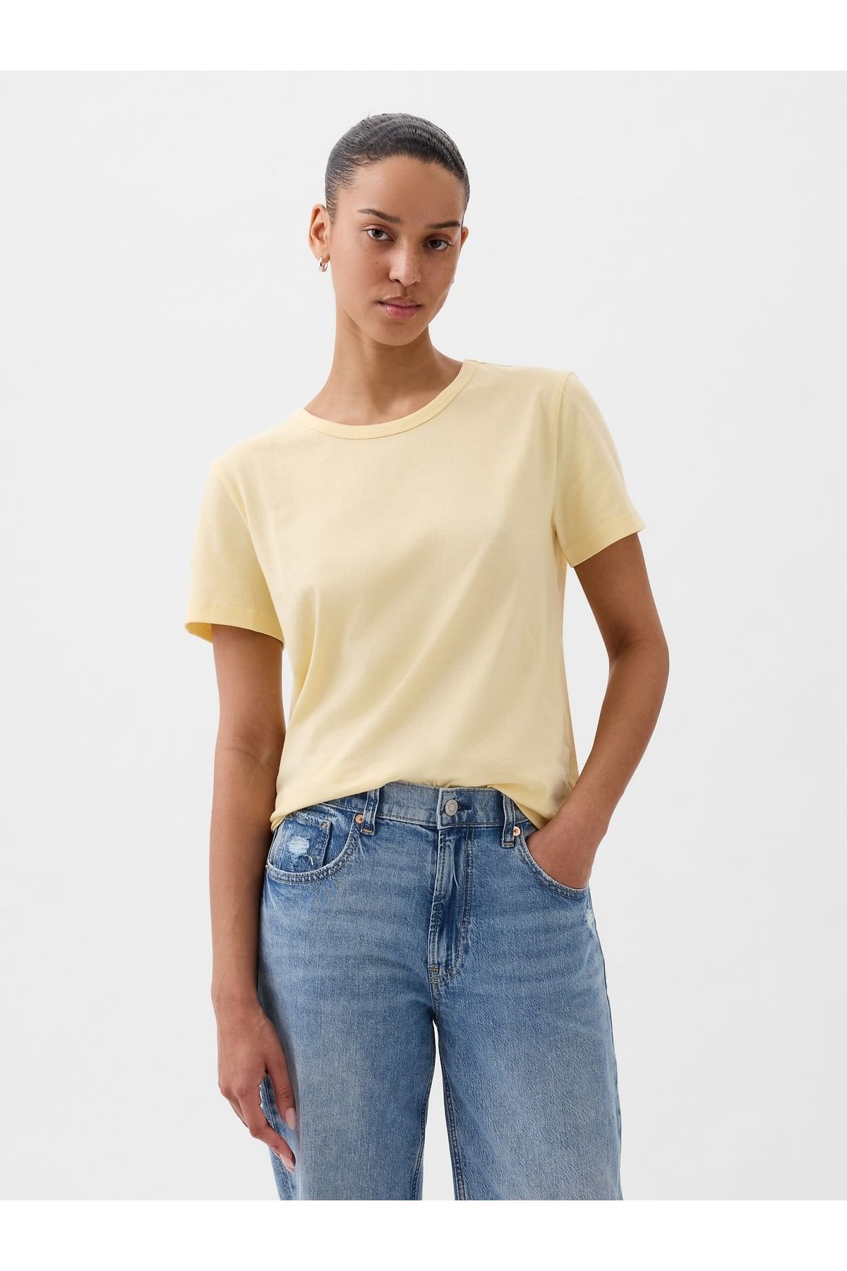 GAP Kadın Sarı %100 Pamuk Vintage Bisiklet Yaka T-Shirt