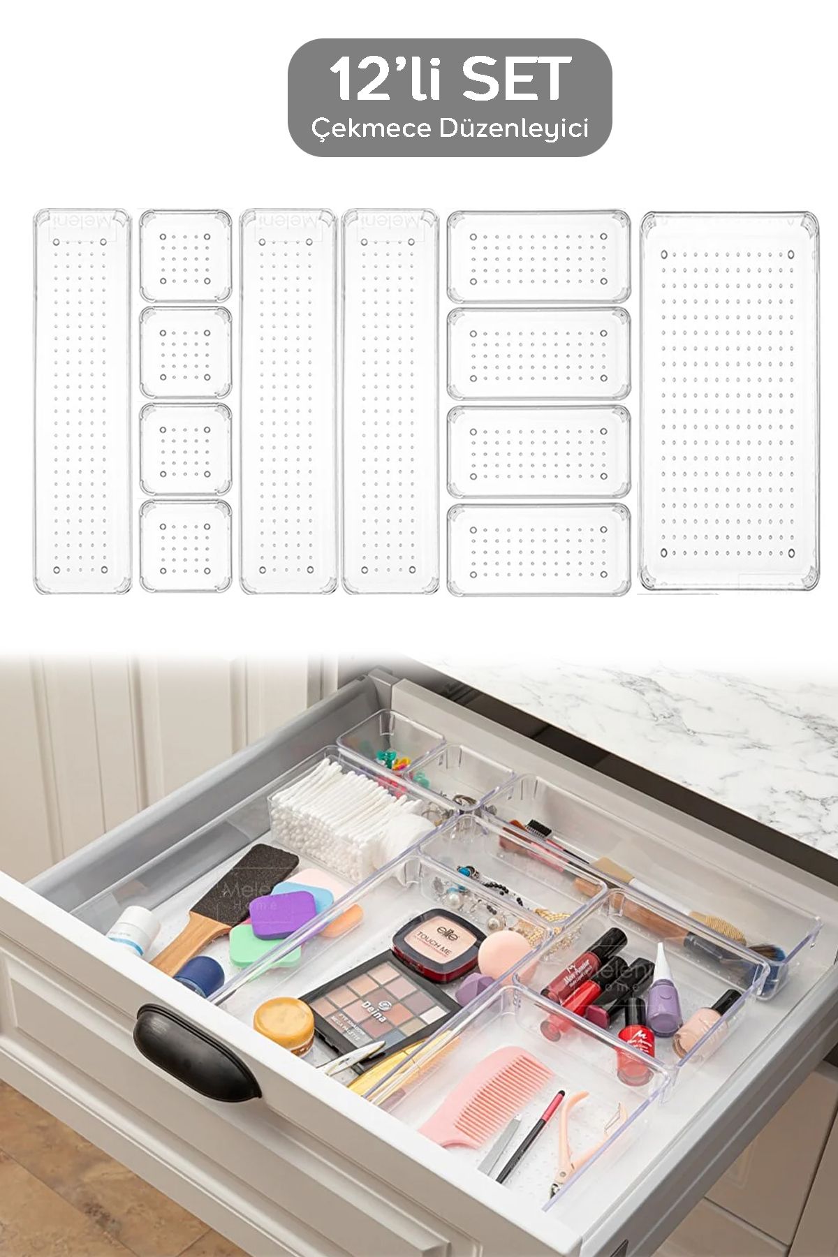 Meleni Home 12 Parça Şeffaf Tasarım Modüler Saklama Kabı - Çekmece Içi Düzenleyici, Banyo Makyaj Takı Organizeri