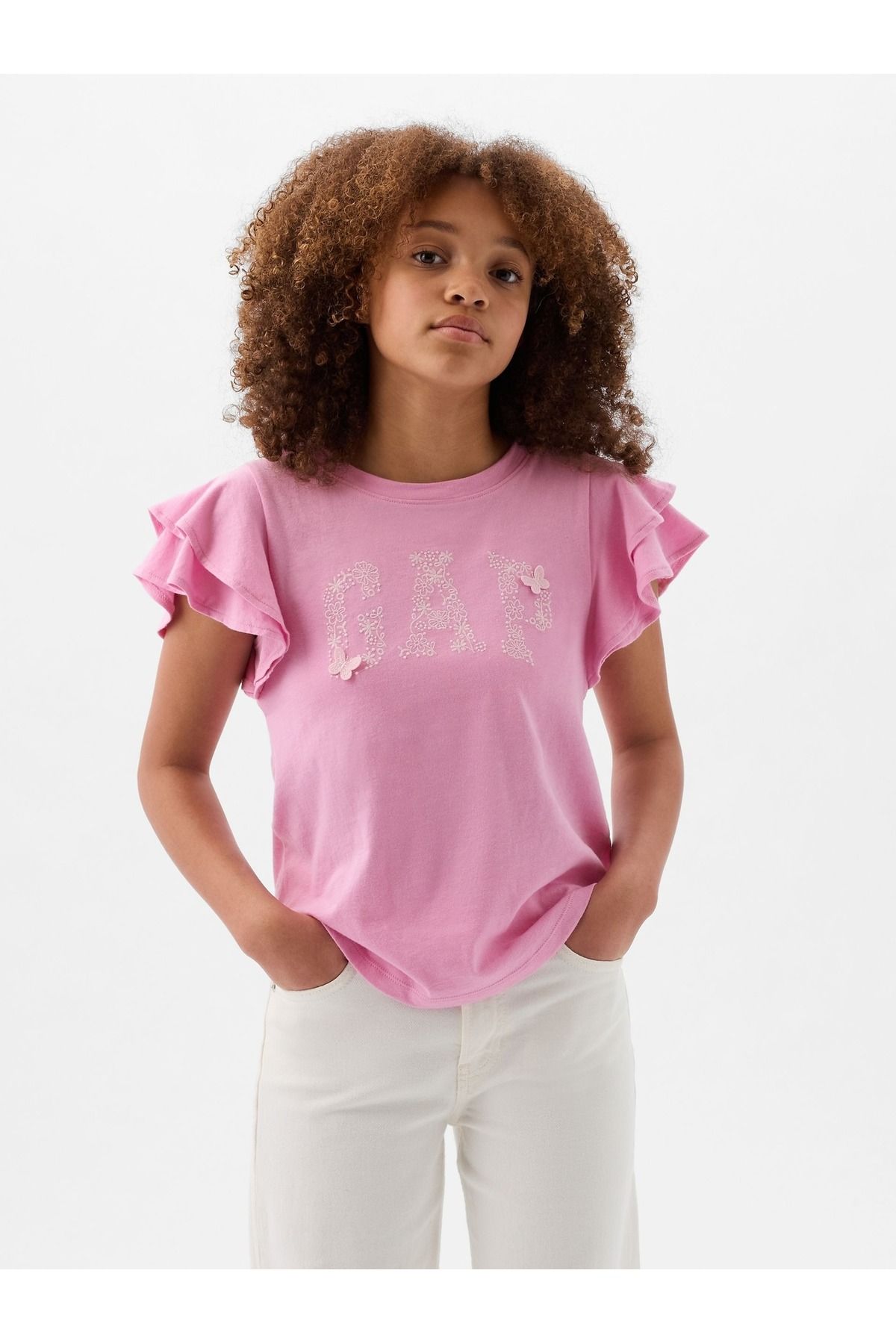 GAP Kız Çocuk Pembe Fırfır Kollu Gap Logo T-Shirt