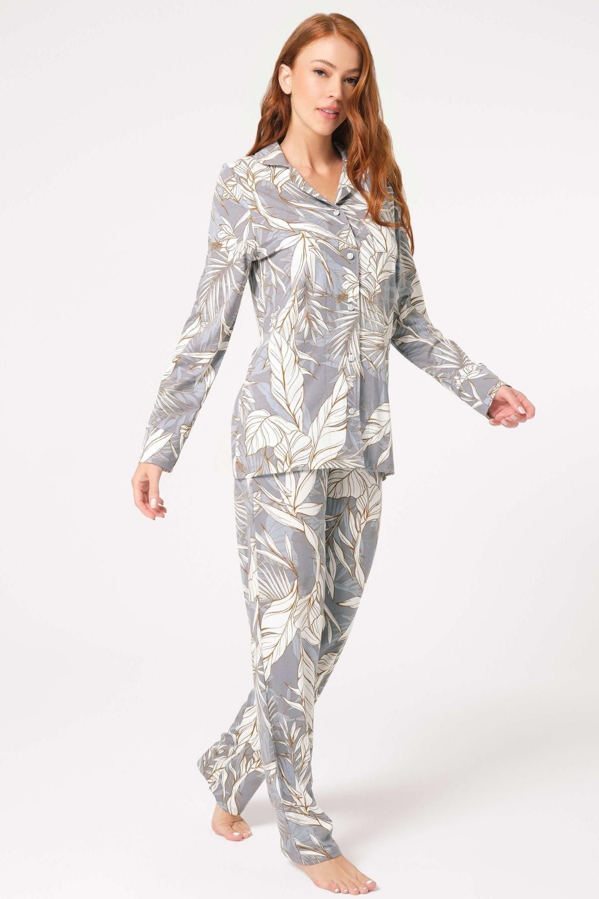 Anıl Kadın Gri Uzun Kol Boydan Düğmeli Pijama Takımı 9842