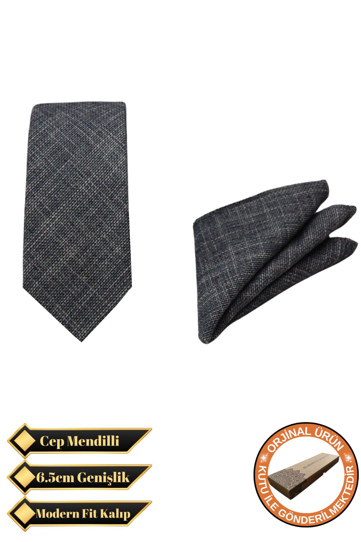 Elegante Cravatte Gri Renk Pamuklu Kumaş Kravat ve Cep Mendili