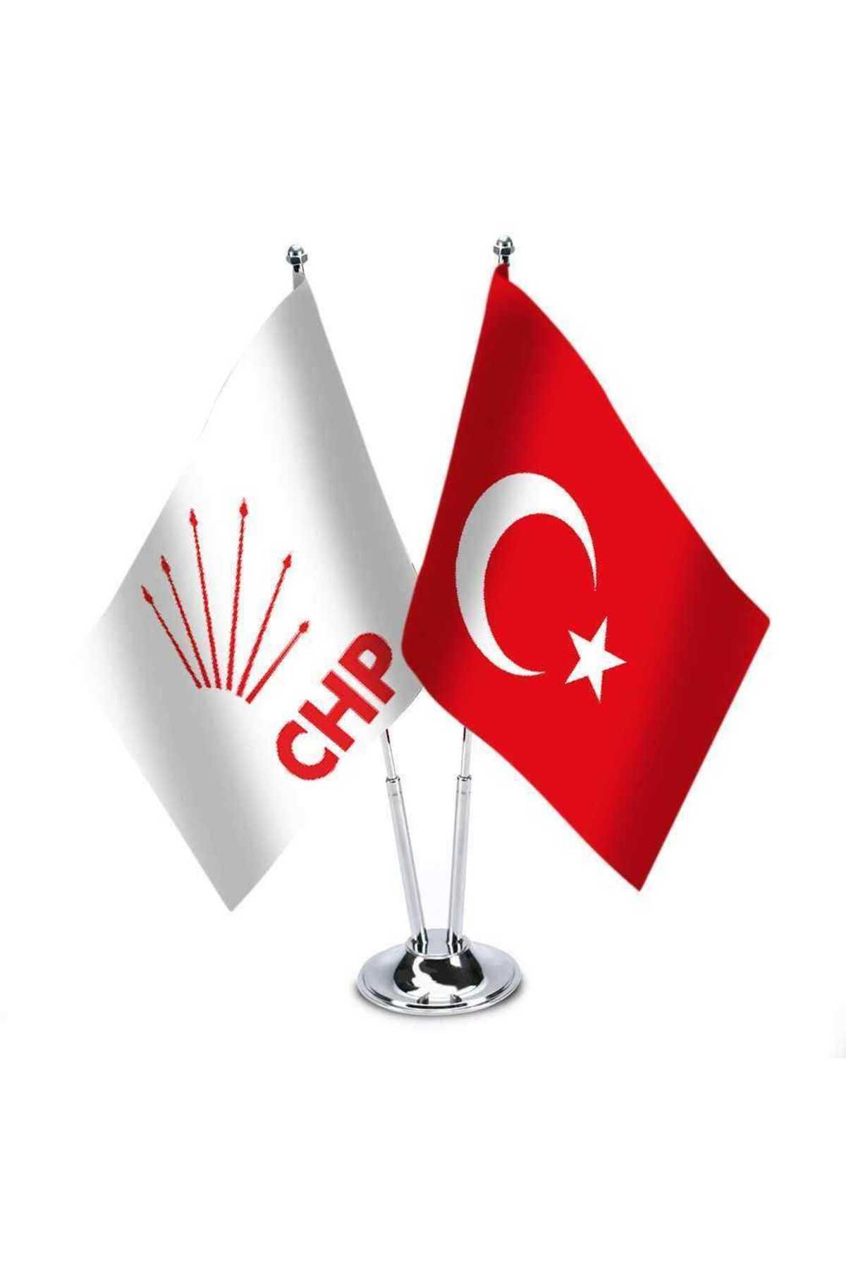 Genel Markalar Beyaz, CHP ve Türkiye - İkili Saten Masa Bayrağı