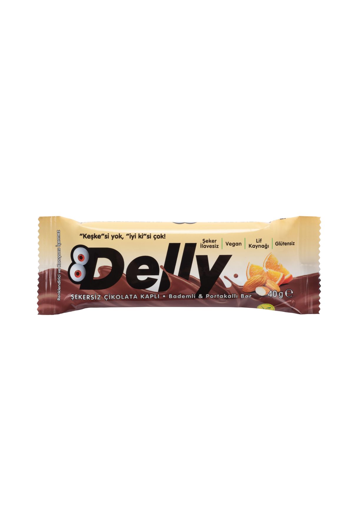 Delly Şeker Ilavesiz Çikolata Kaplı - Bademli & Portakallı Bar 40g (12 ADET)