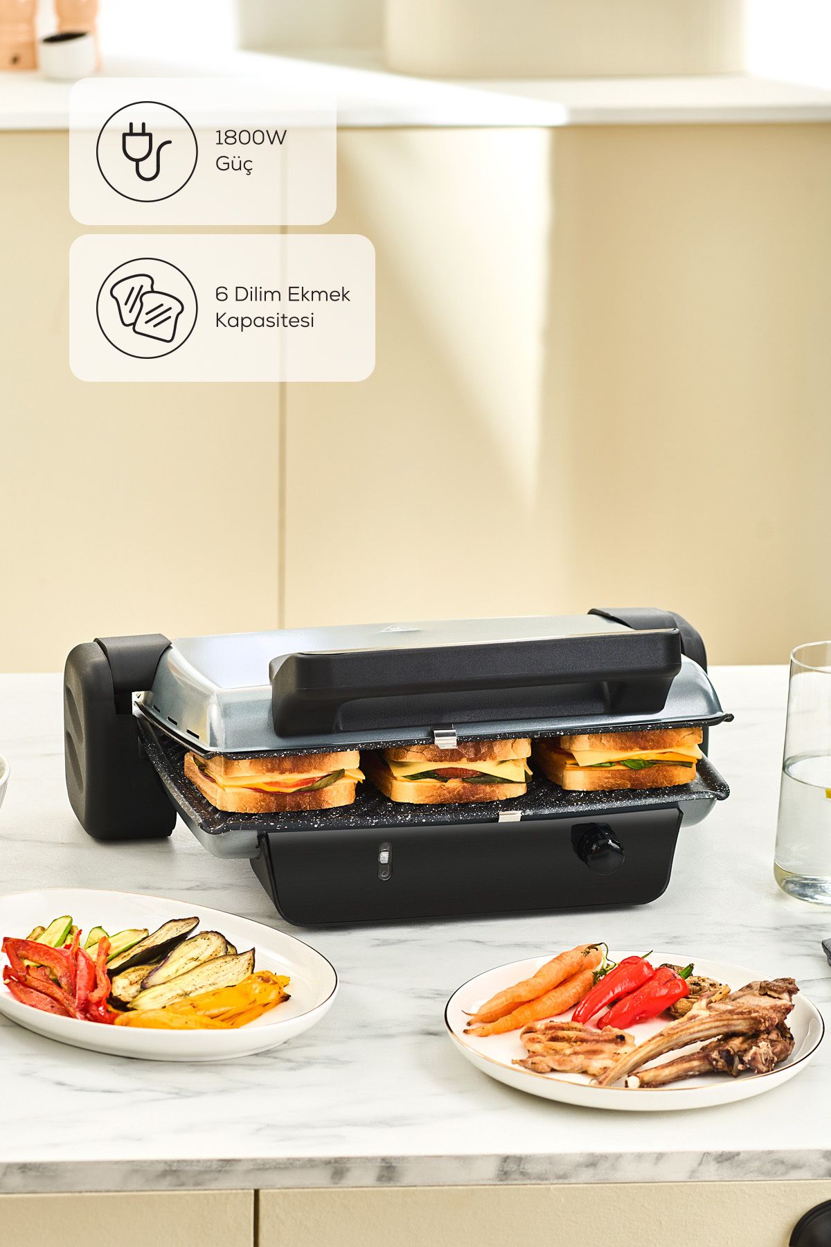 Karaca Crust Grill Toast Izgara ve Tost Makinesi 6 Dilim Antrasit