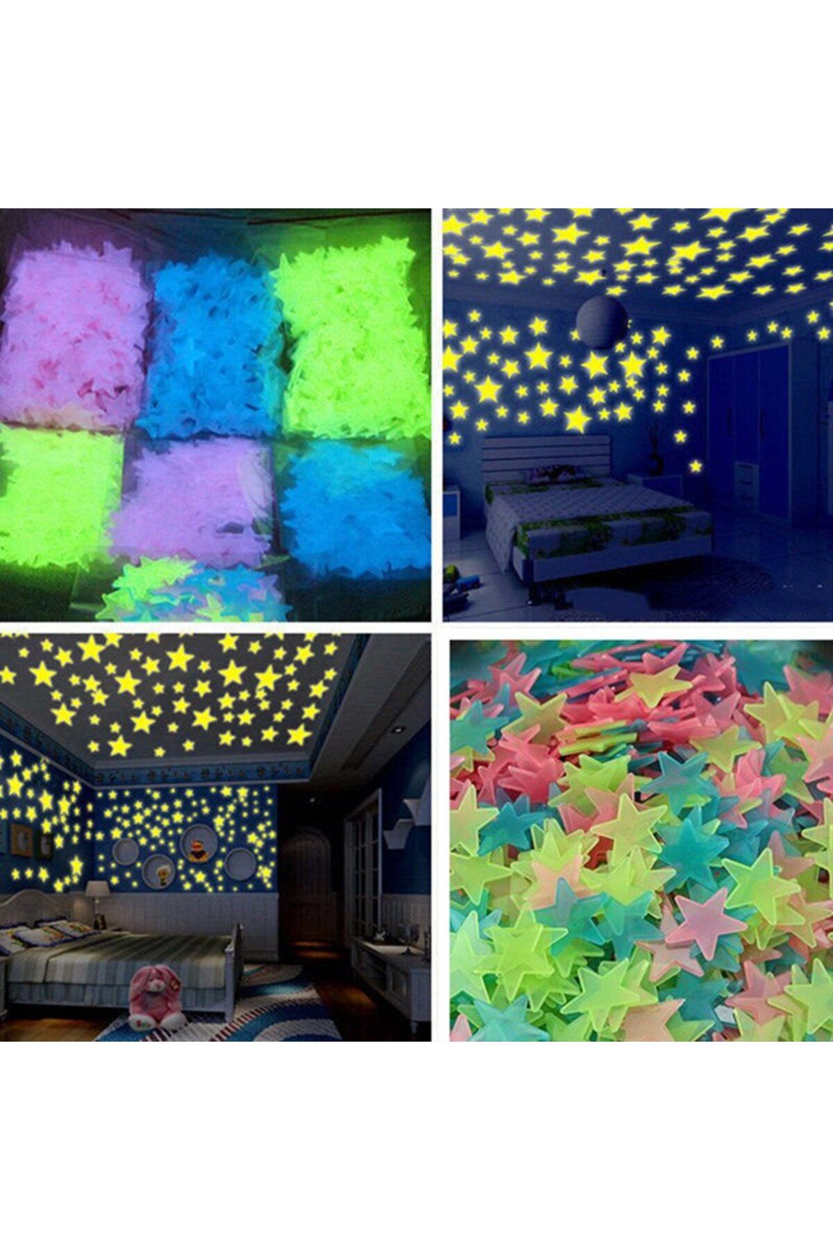 LEDONLİNE 150 Adet Karışık Renk Fosforlu Yıldız Duvar Tavan Süsleri Çocuk Odası