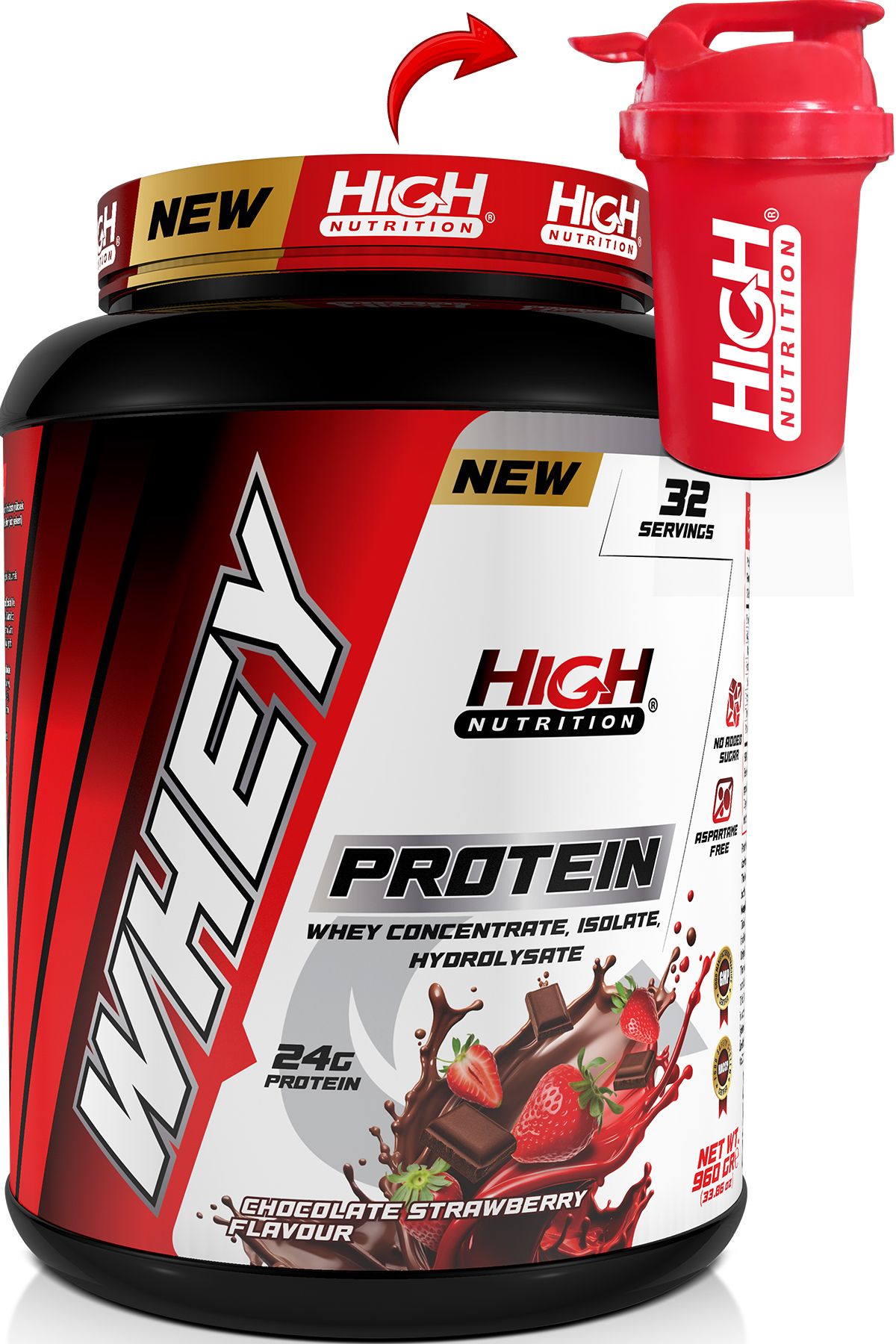 High Nutrition Whey Protein 960 gr Çikolata Çilek Aromalı Protein Tozu 24 gram Protein 32 Servis Shaker Hediye